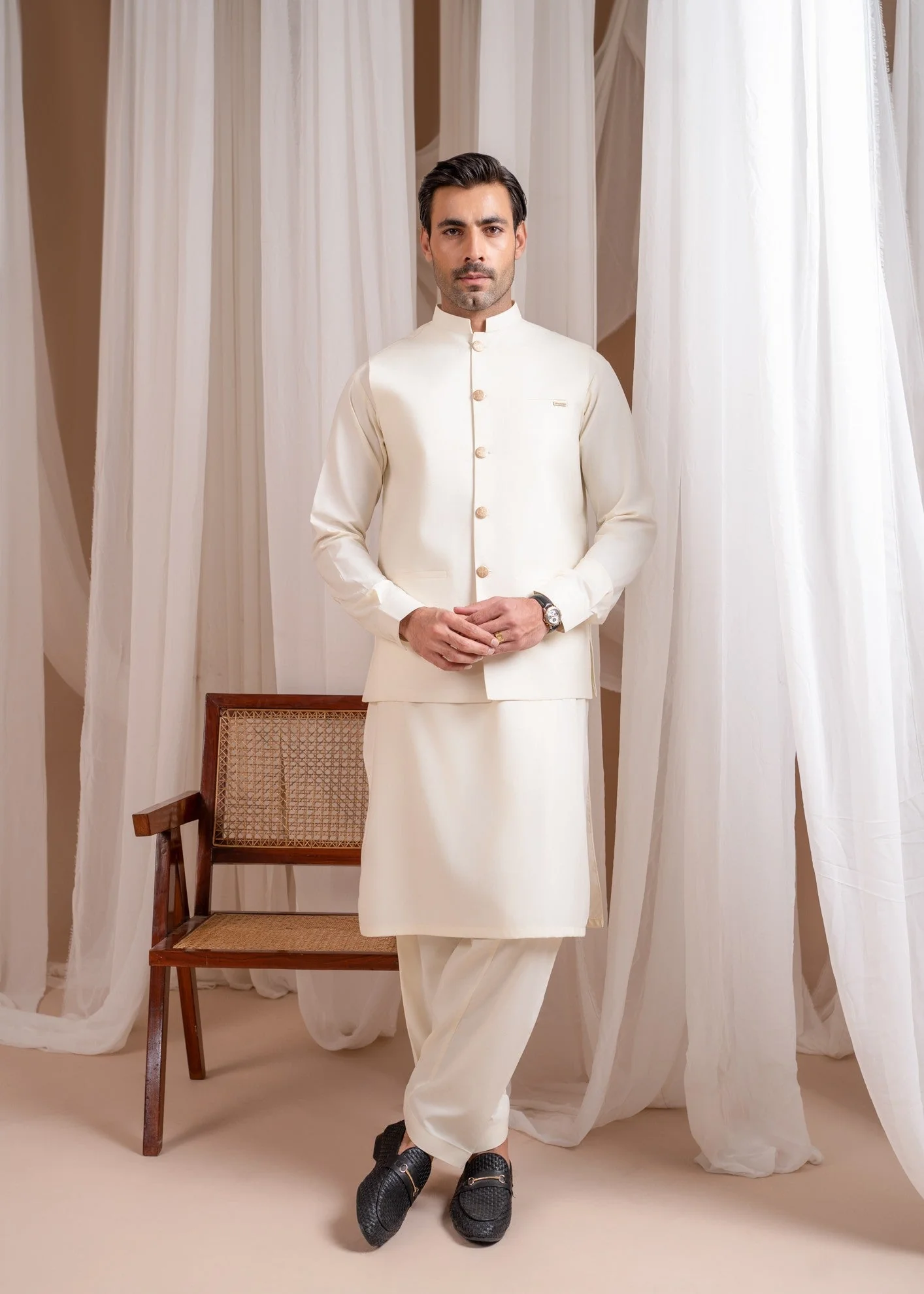 Bosky White Formal Kameez Shalwar with Blended Waistcoat - Straight Cut Buttoned- 3PC