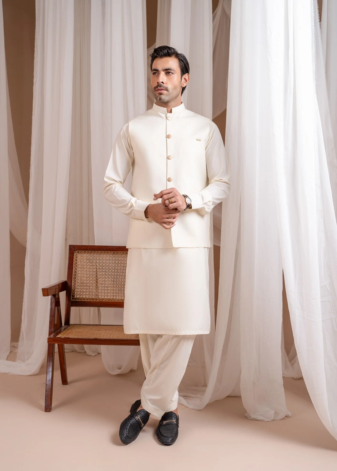 Bosky White Formal Kameez Shalwar with Blended Waistcoat - Straight Cut Buttoned- 3PC