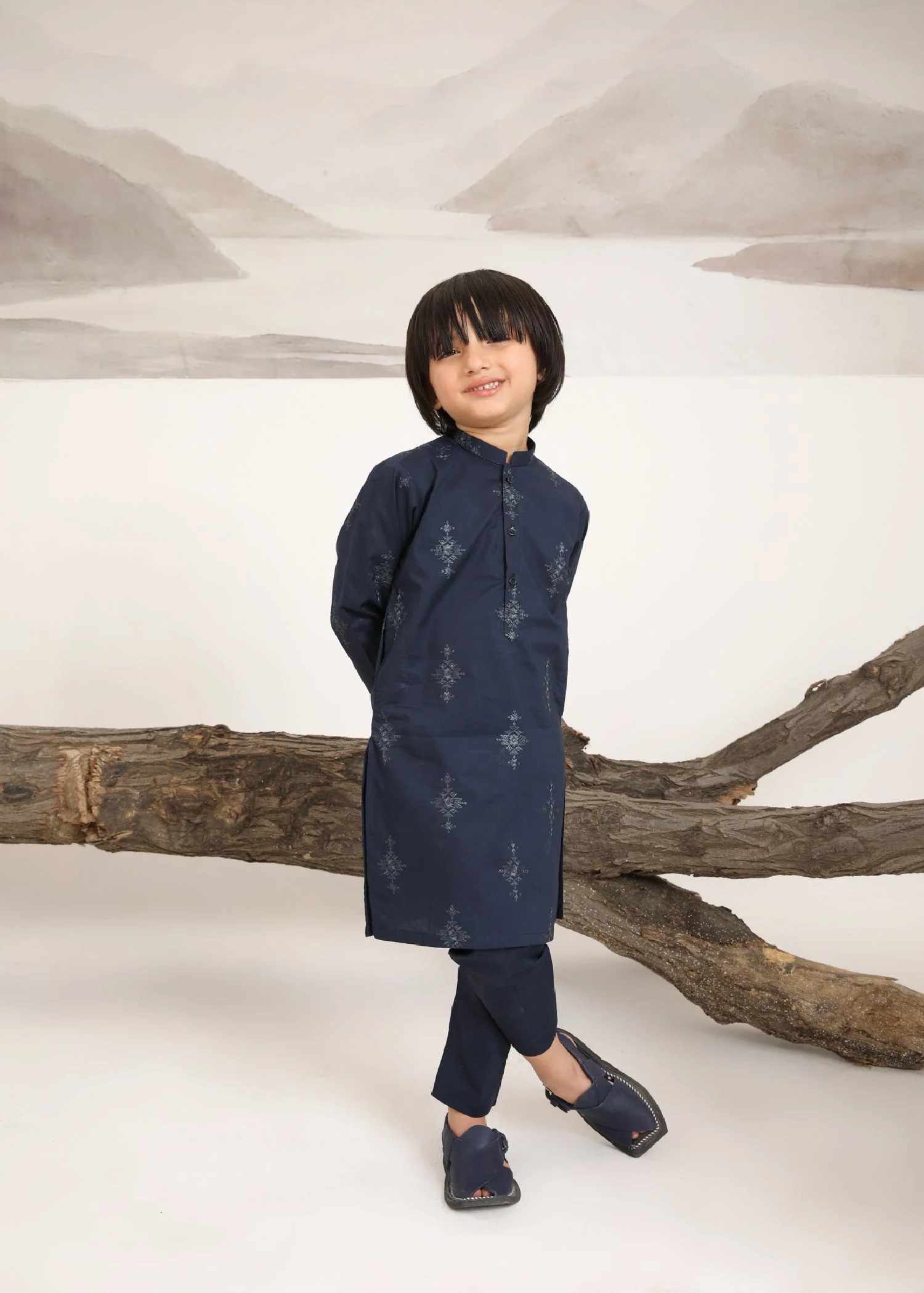 Navy Blue Embroidered Cotton Kurta Trouser - Kids - 2PC