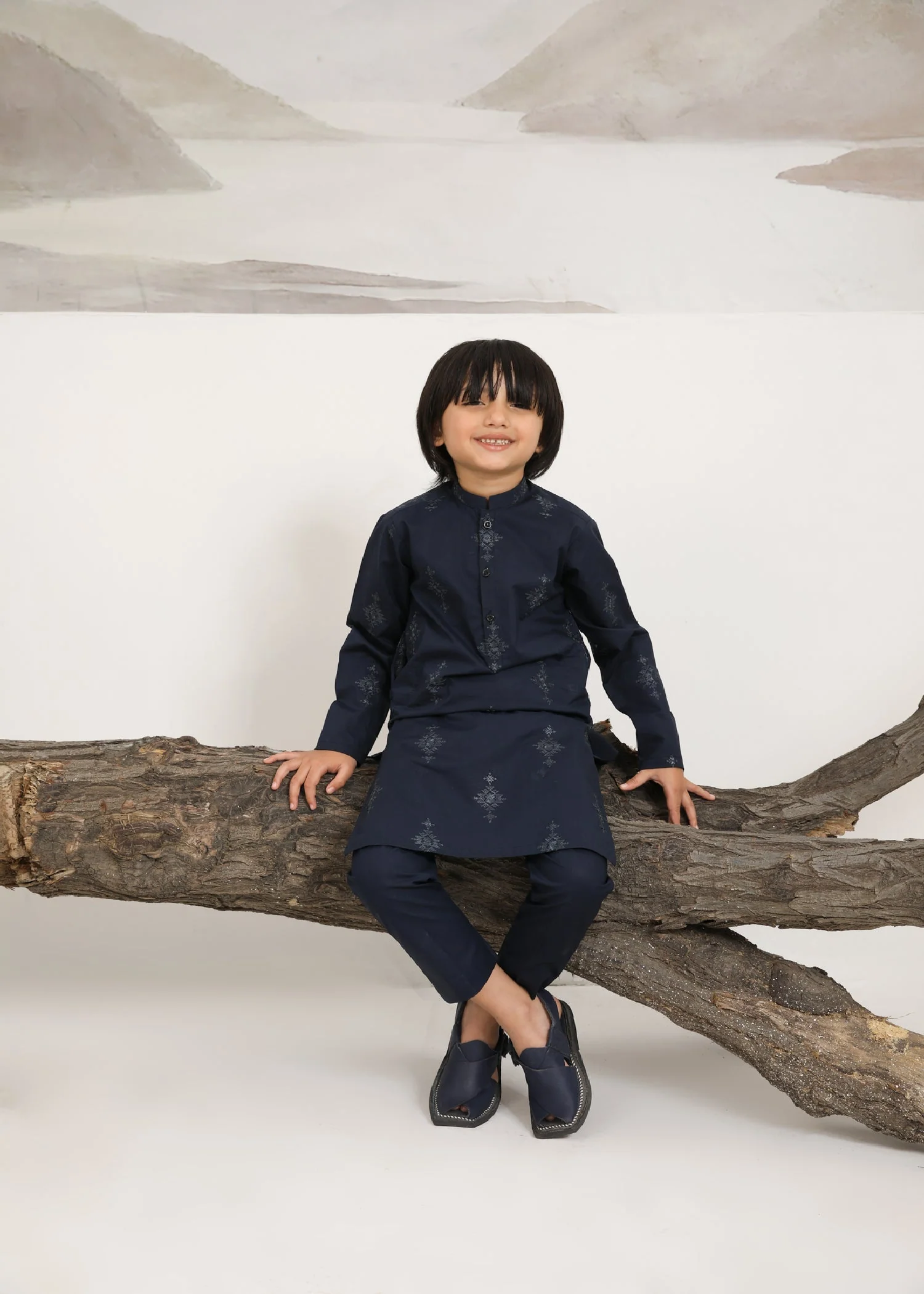 Navy Blue Embroidered Cotton Kurta Trouser - Kids - 2PC