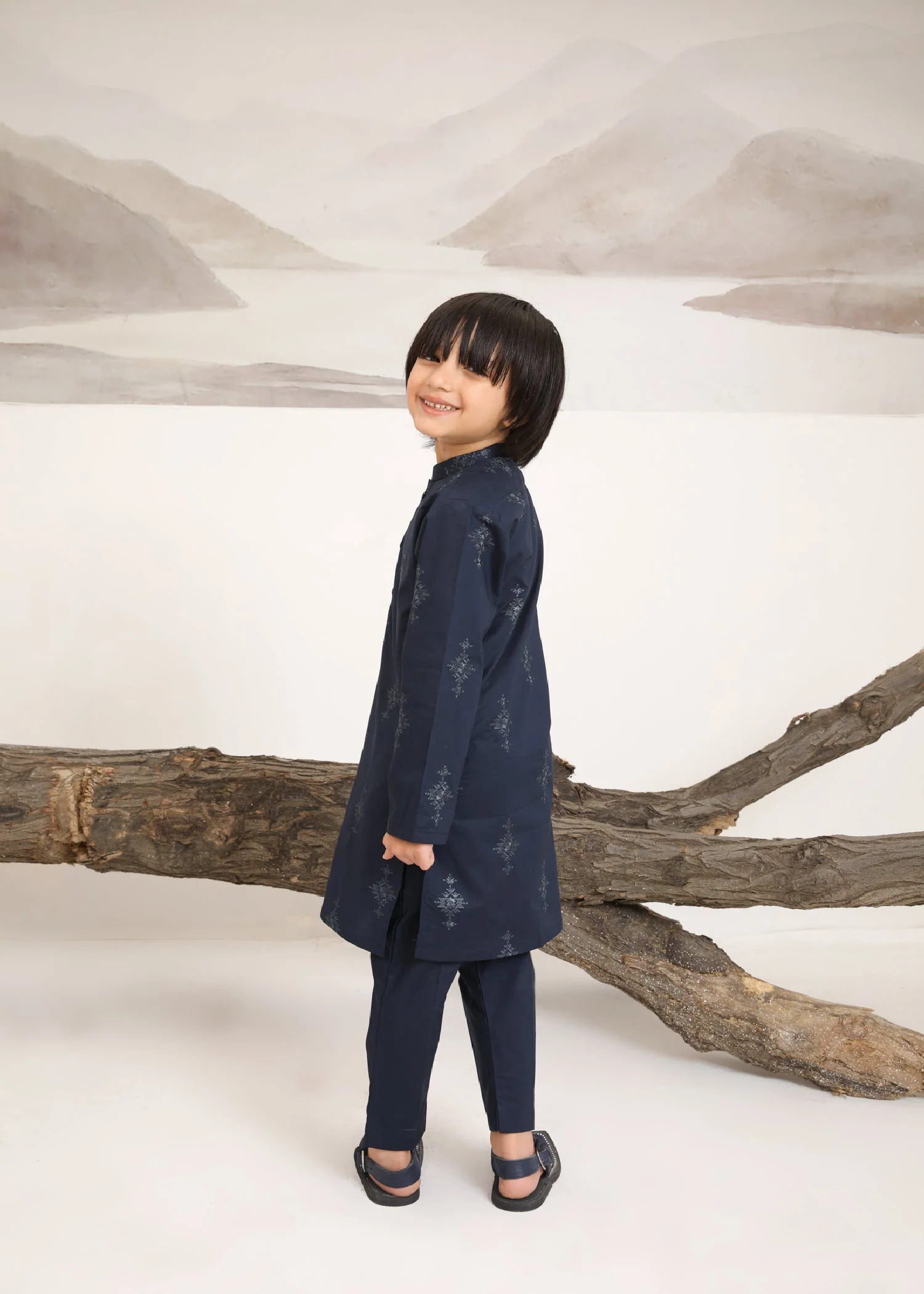 Navy Blue Embroidered Cotton Kurta Trouser - Kids - 2PC