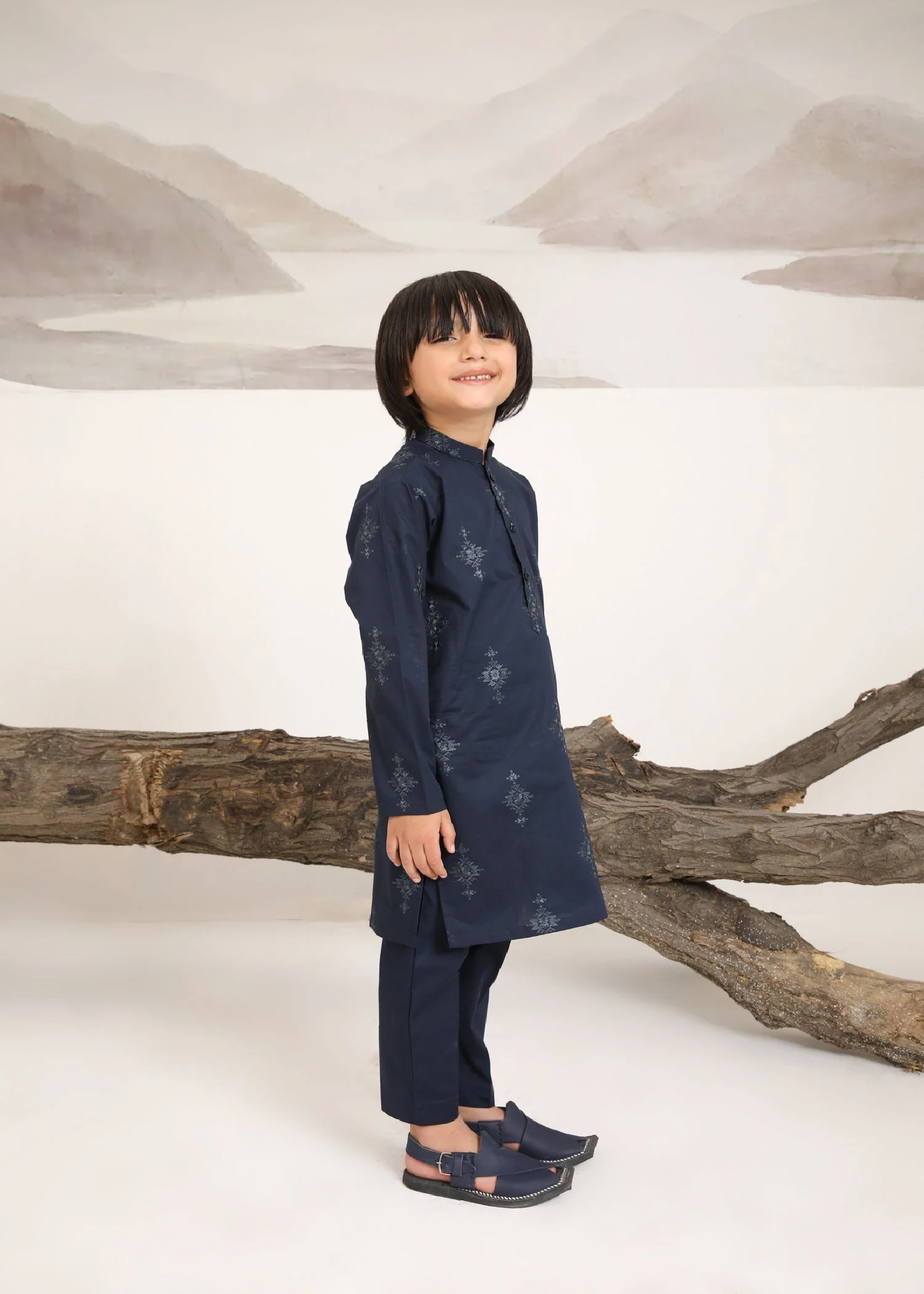Navy Blue Embroidered Cotton Kurta Trouser - Kids - 2PC