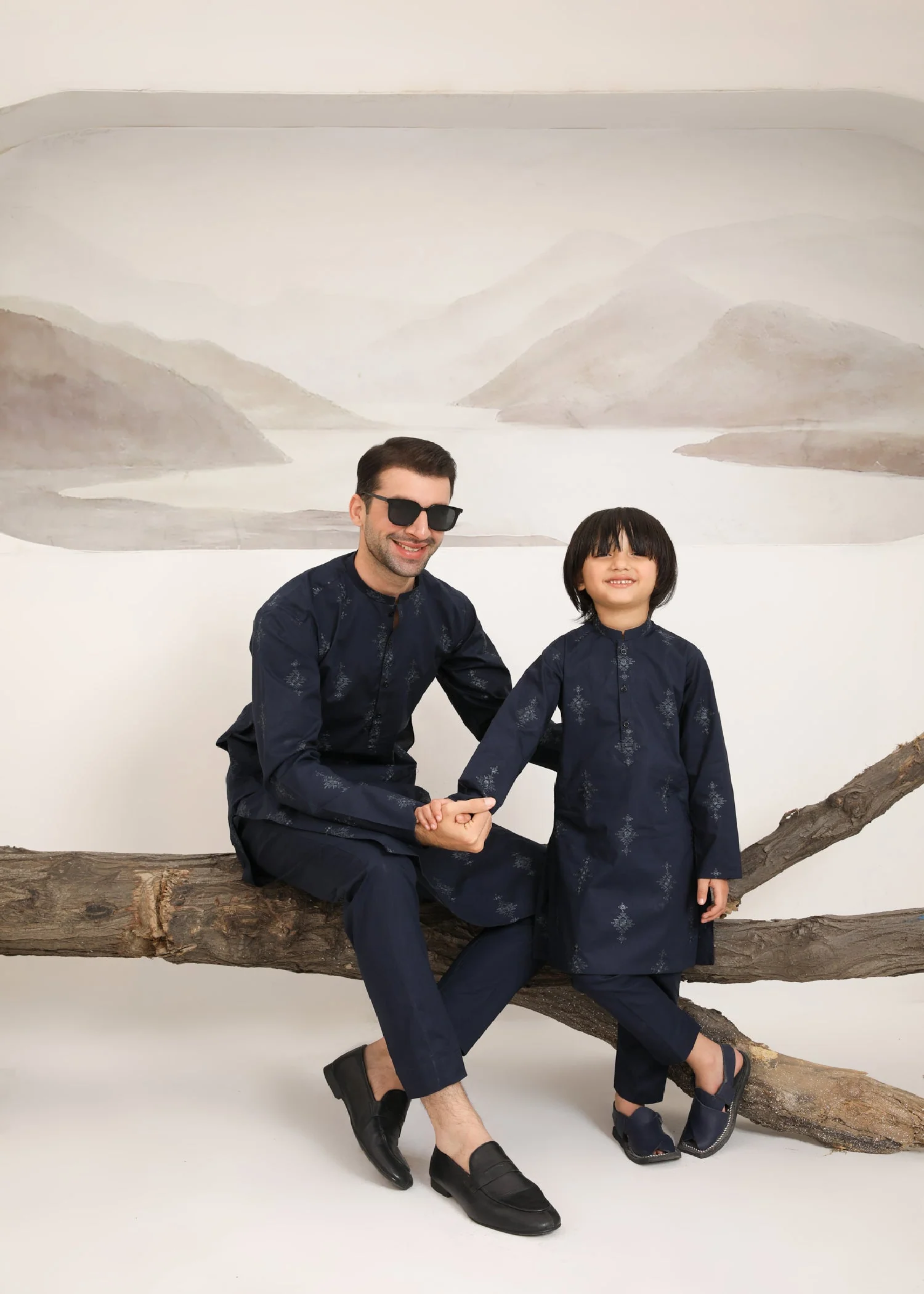 Navy Blue Embroidered Cotton Kurta Trouser - Kids - 2PC
