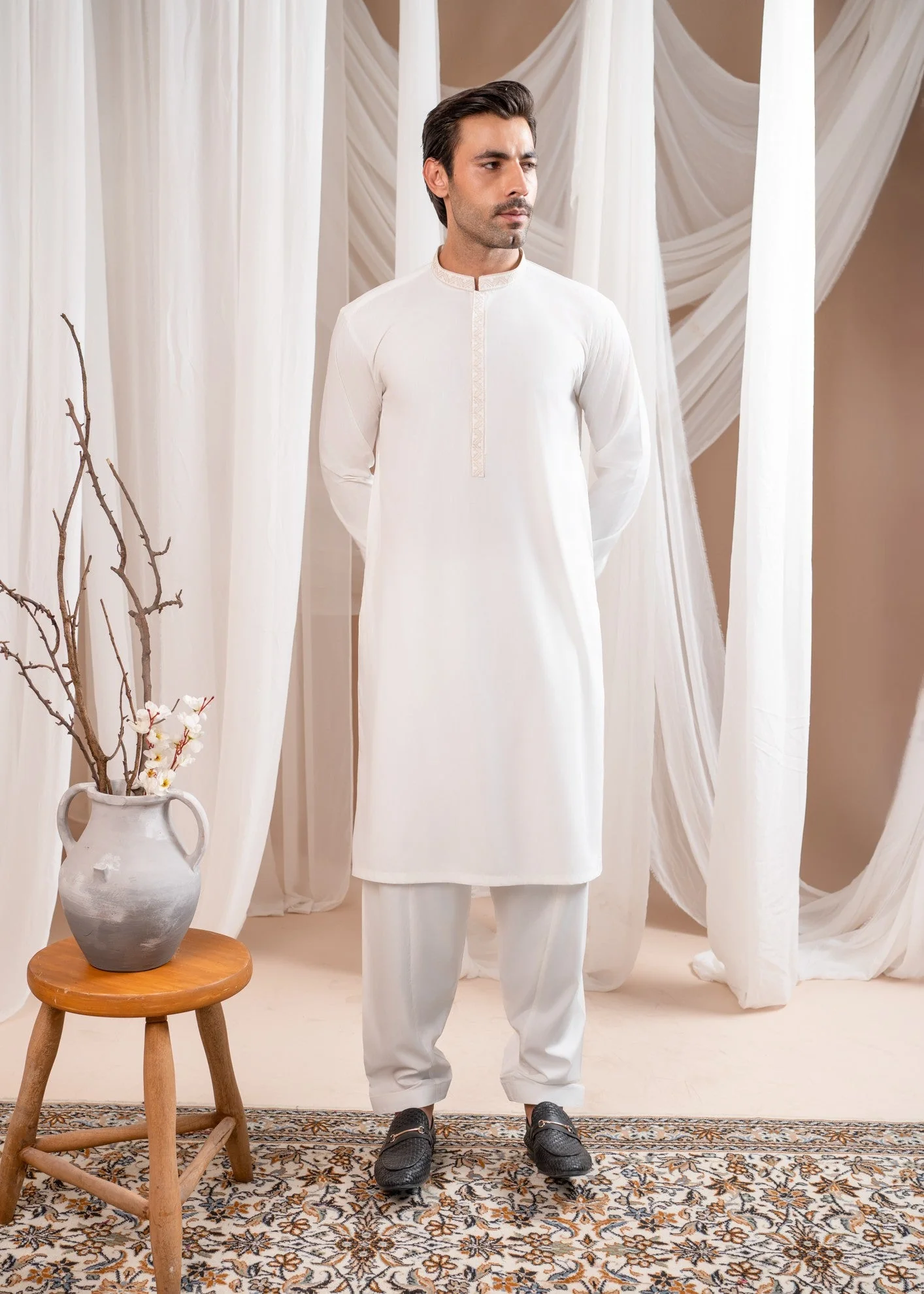 Formal Off White Kurta Shalwar - Collar Neck Embroidered - Men