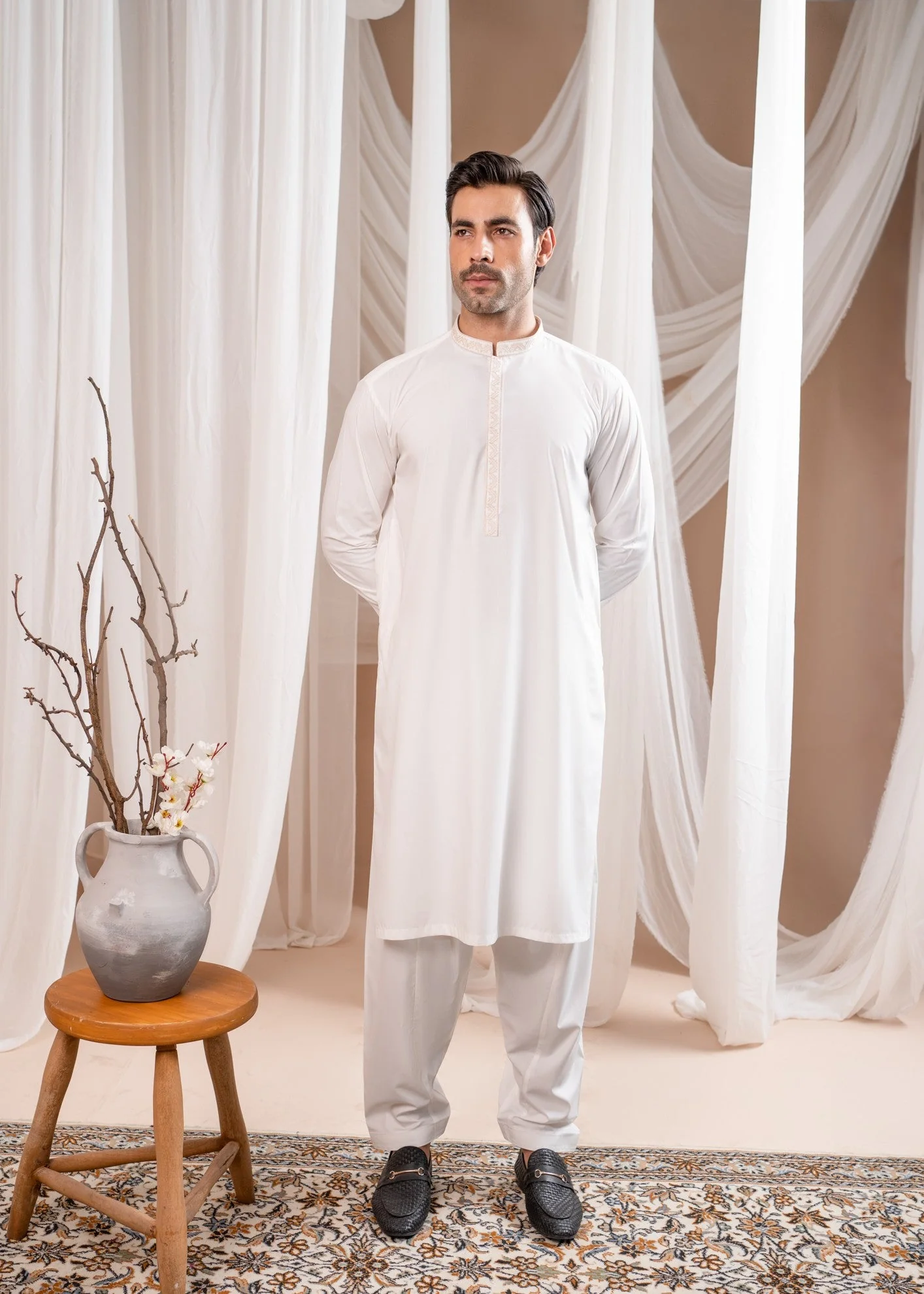 Formal Off White Kurta Shalwar - Collar Neck Embroidered - Men