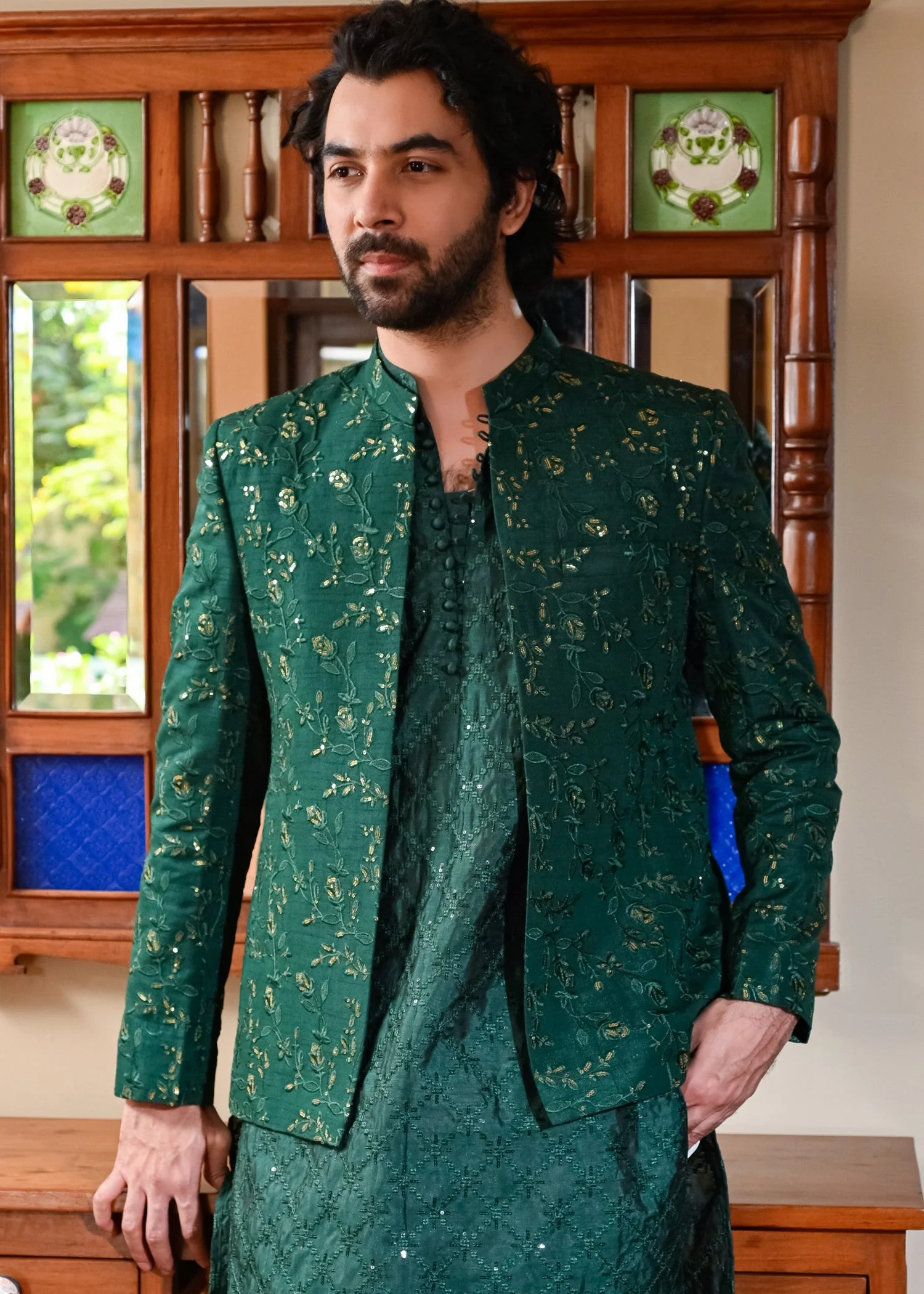 Emerald Green Floral Embroidered Prince Coat