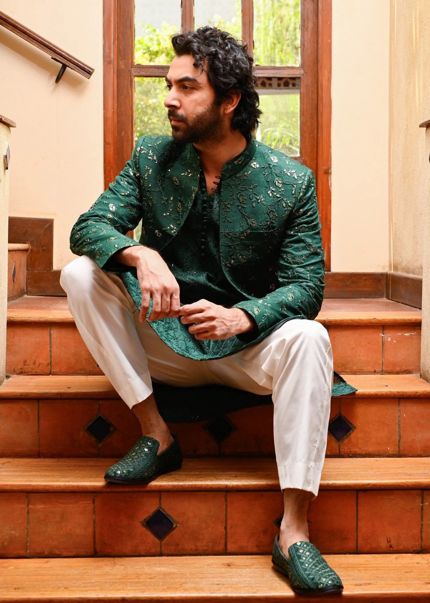 Emerald Green Floral Embroidered Prince Coat
