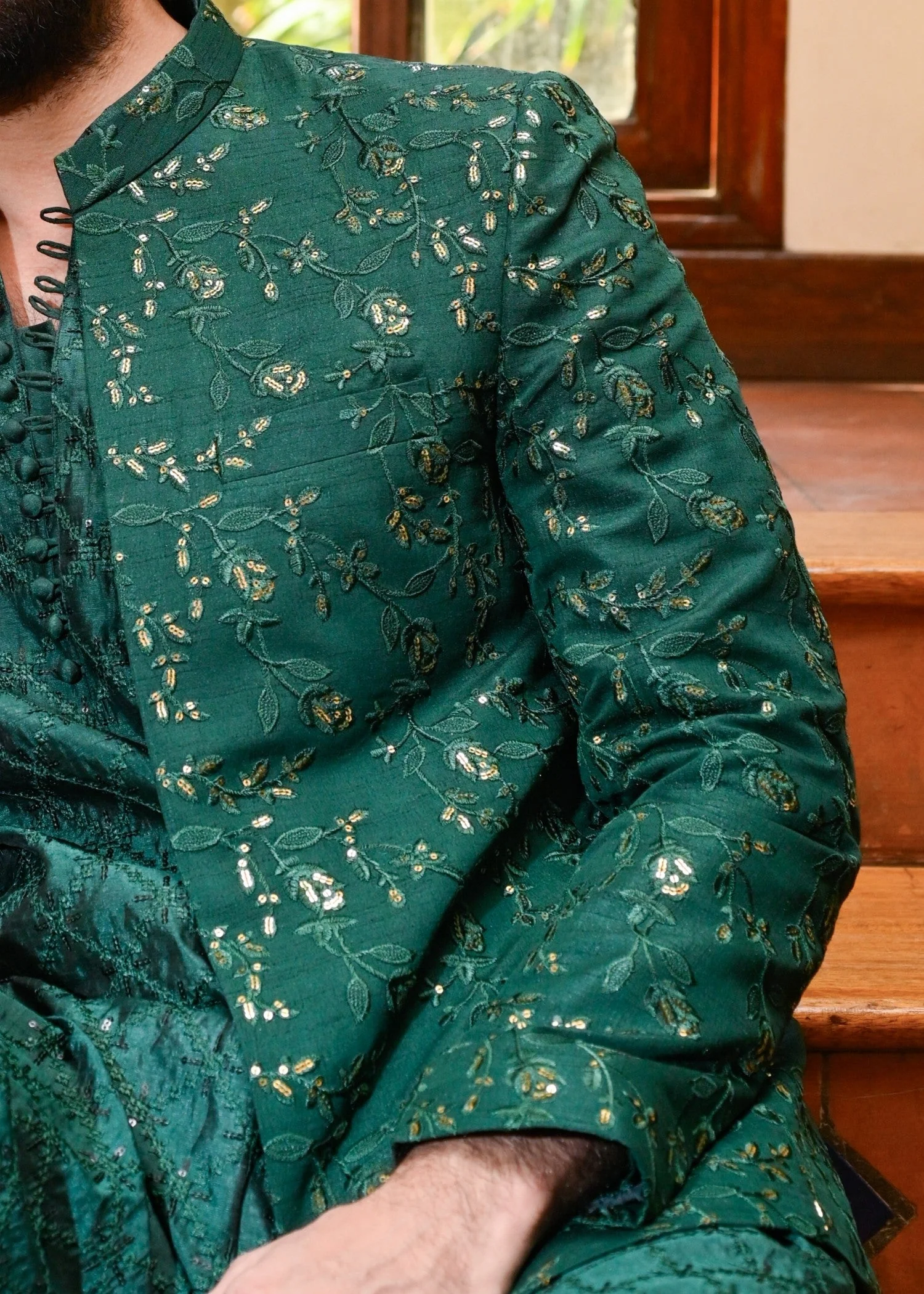 Emerald Green Floral Embroidered Prince Coat