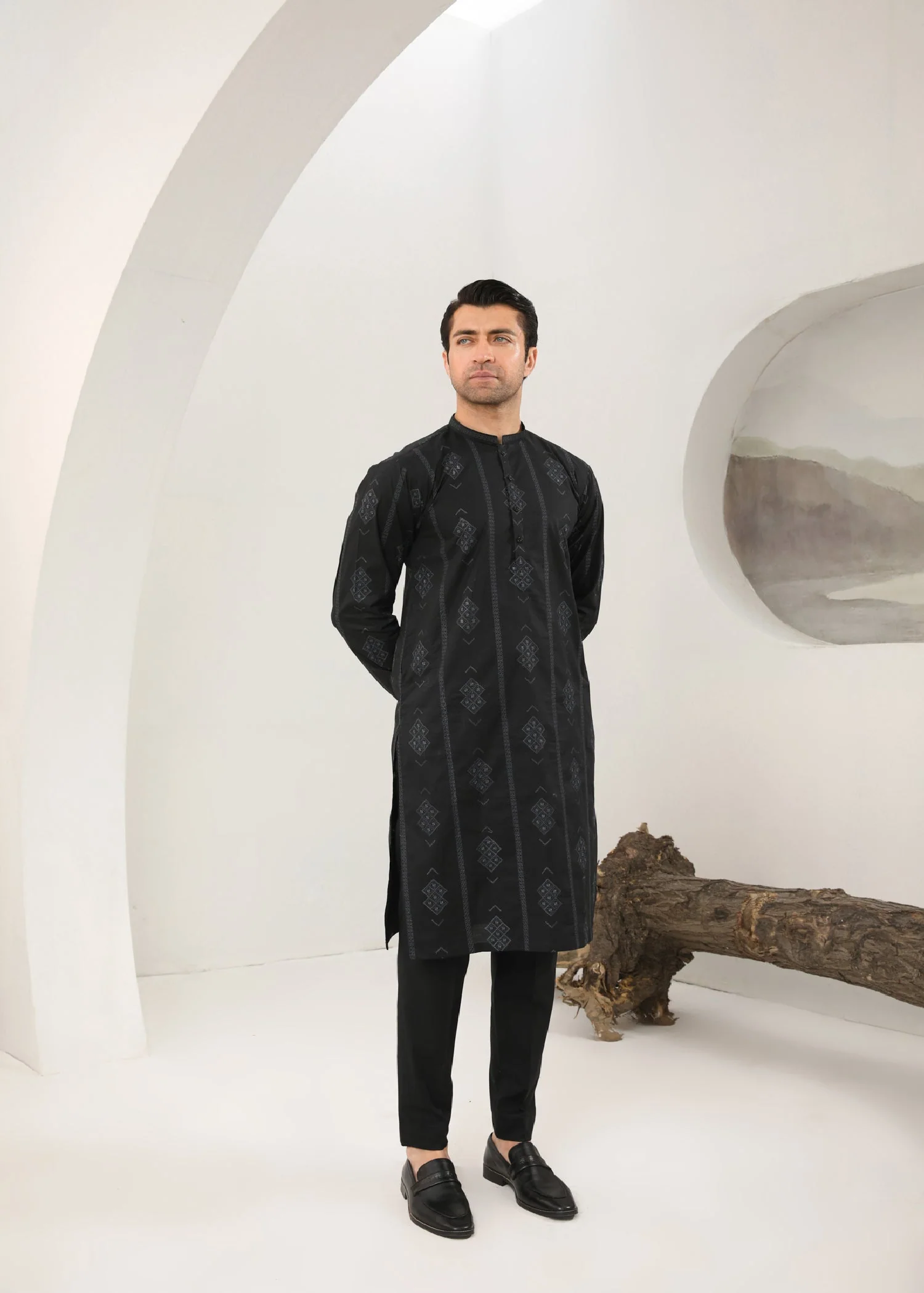 Black Motif Embroidered Cotton Kurta Trouser - Men