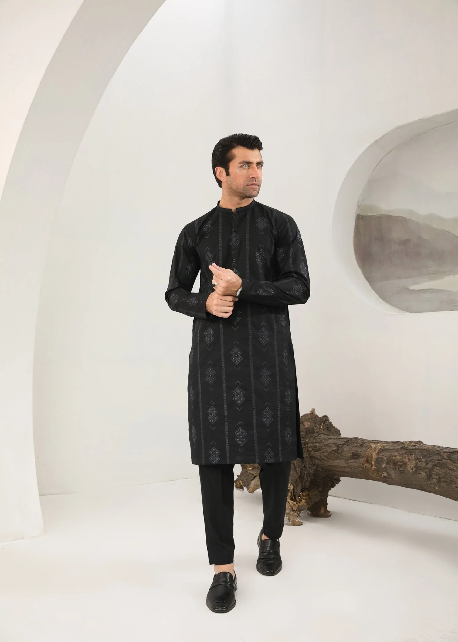 Black Motif Embroidered Cotton Kurta Trouser - Men