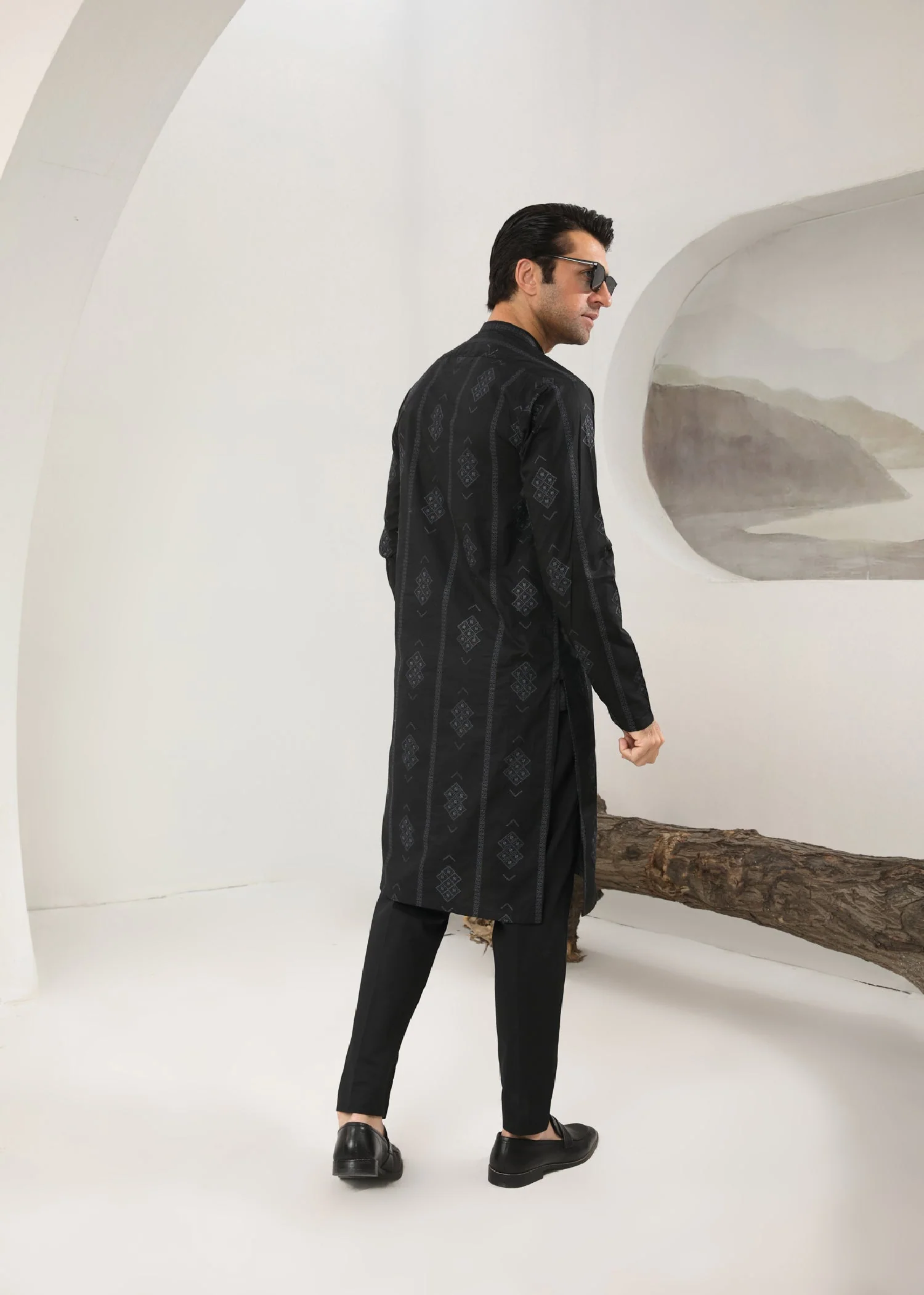 Black Motif Embroidered Cotton Kurta Trouser - Men