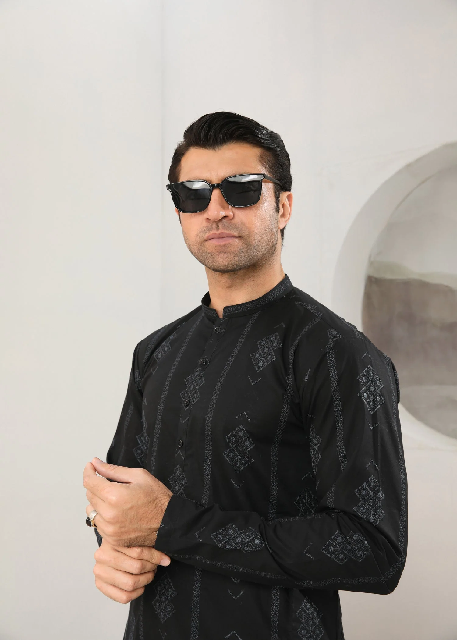 Black Motif Embroidered Cotton Kurta Trouser - Men