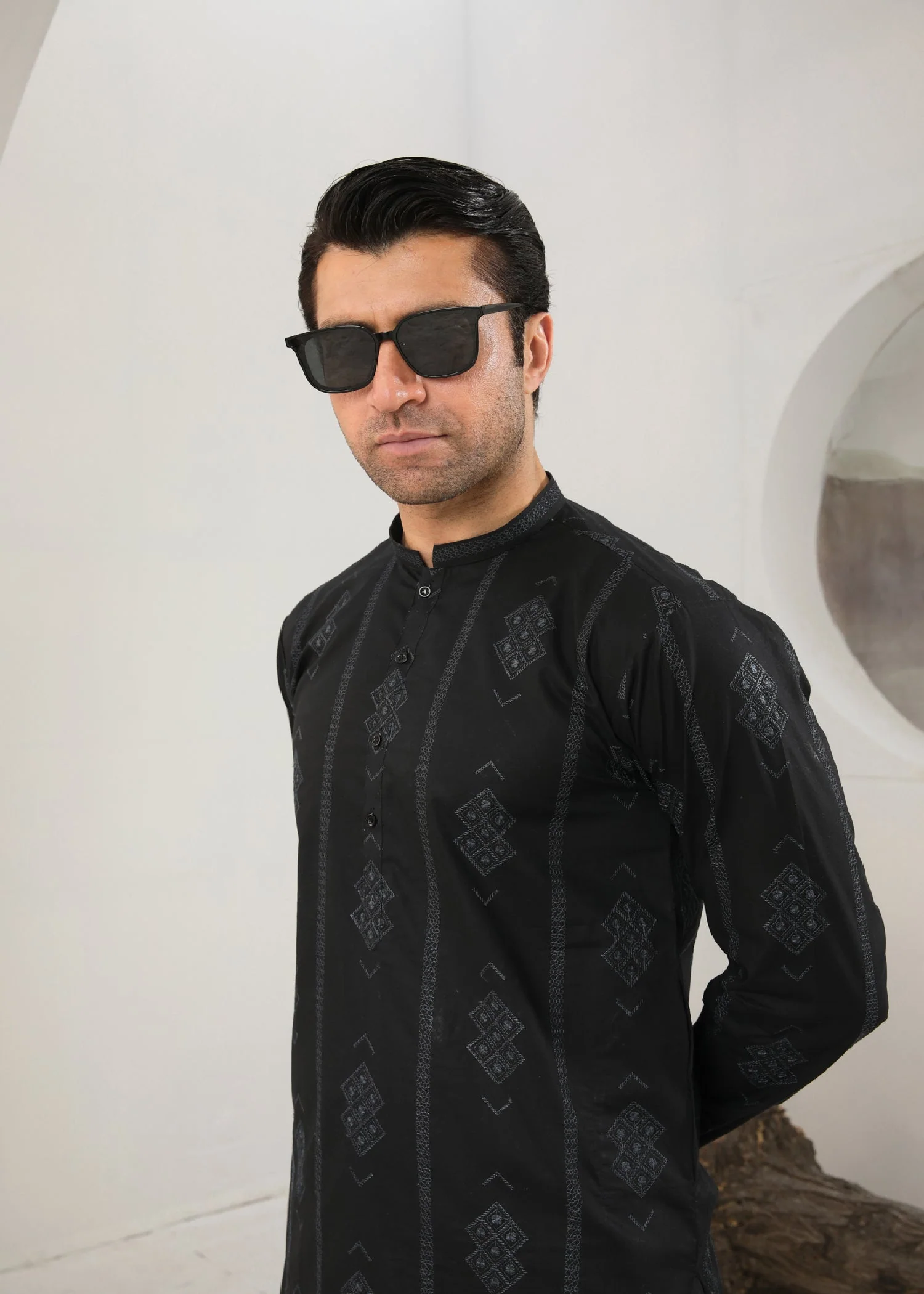 Black Motif Embroidered Cotton Kurta Trouser - Men