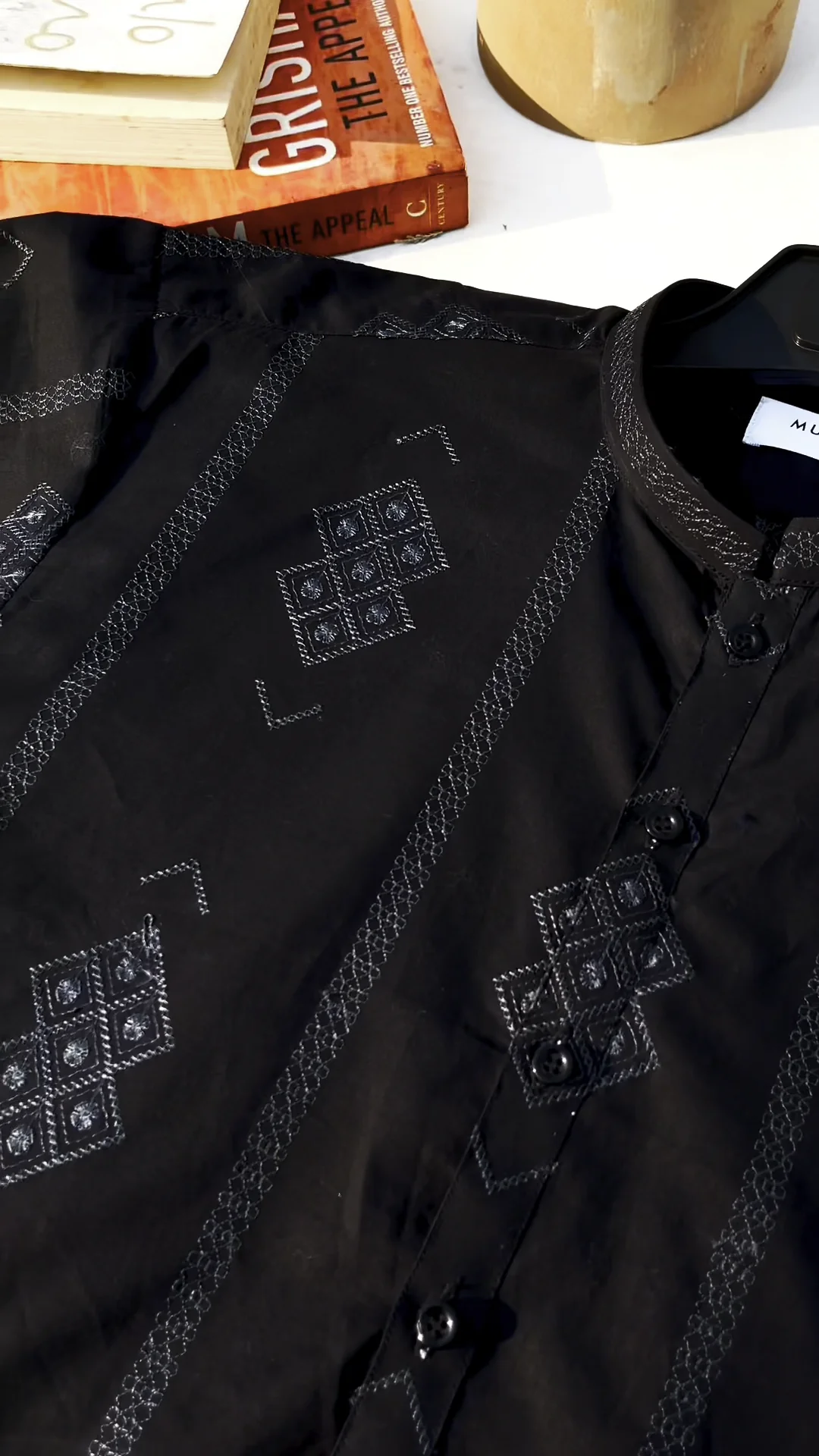 Black Motif Embroidered Cotton Kurta Trouser - Men