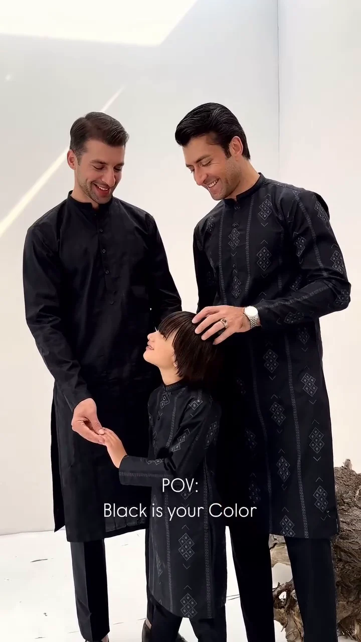 Black Motif Embroidered Cotton Kurta Trouser - Men