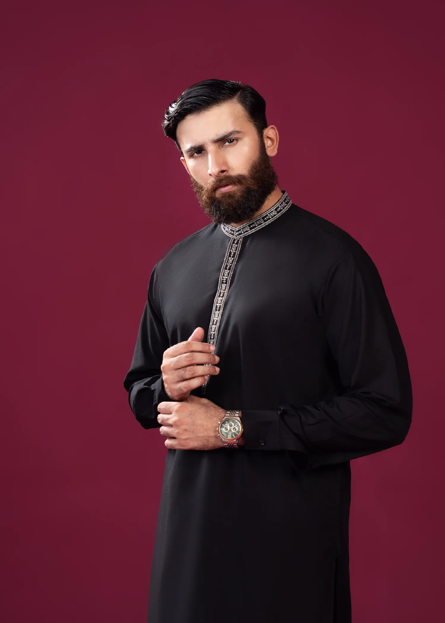 Formal Black Kurta Shalwar - Falling Collar Neck Embroidered - Men 3 Formal Black Kurta Shalwar - Falling Collar Neck Embroidered - Men