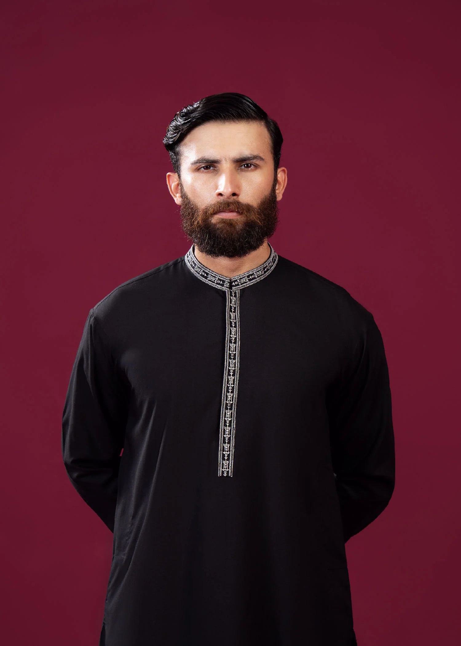Formal Black Kurta Shalwar - Falling Collar Neck Embroidered - Men 4 Formal Black Kurta Shalwar - Falling Collar Neck Embroidered - Men