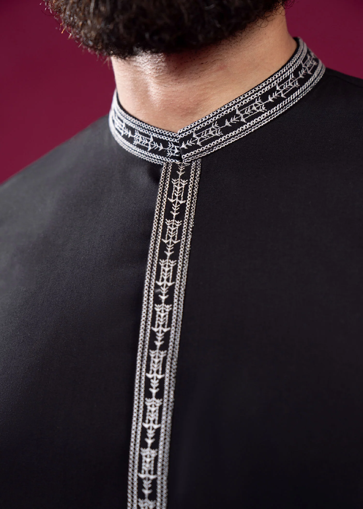 Formal Black Kurta Shalwar - Falling Collar Neck Embroidered - Men 5 Formal Black Kurta Shalwar - Falling Collar Neck Embroidered - Men