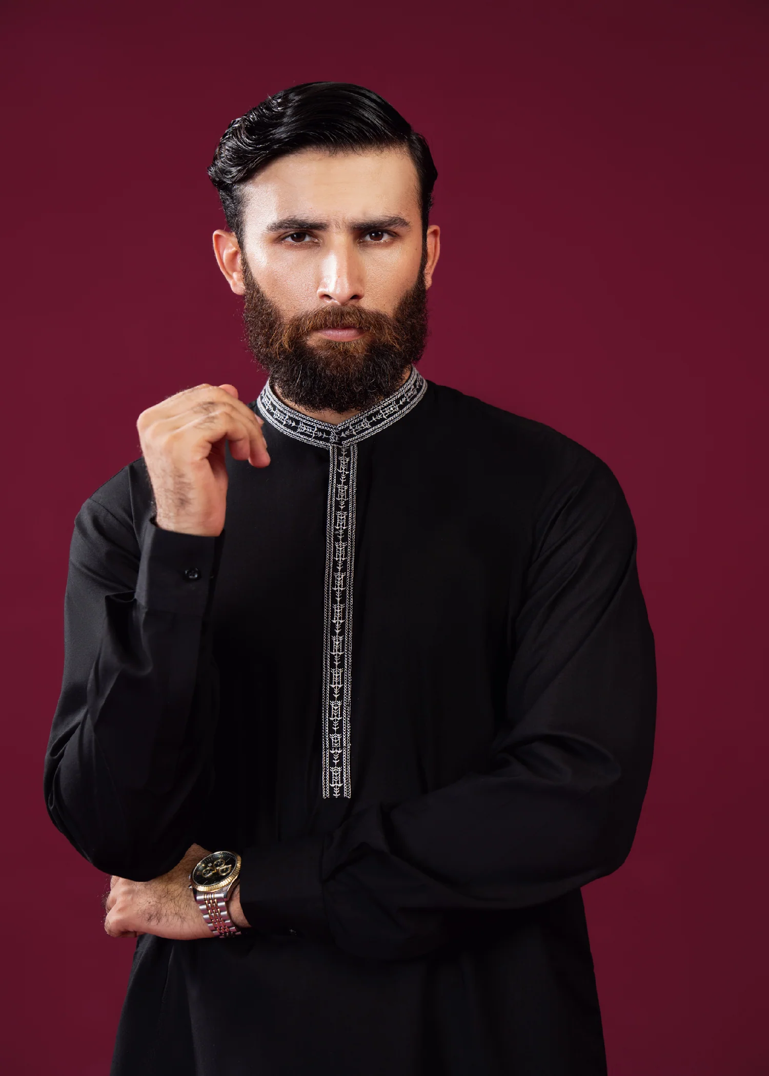 Formal Black Kurta Shalwar - Falling Collar Neck Embroidered - Men 6 Formal Black Kurta Shalwar - Falling Collar Neck Embroidered - Men