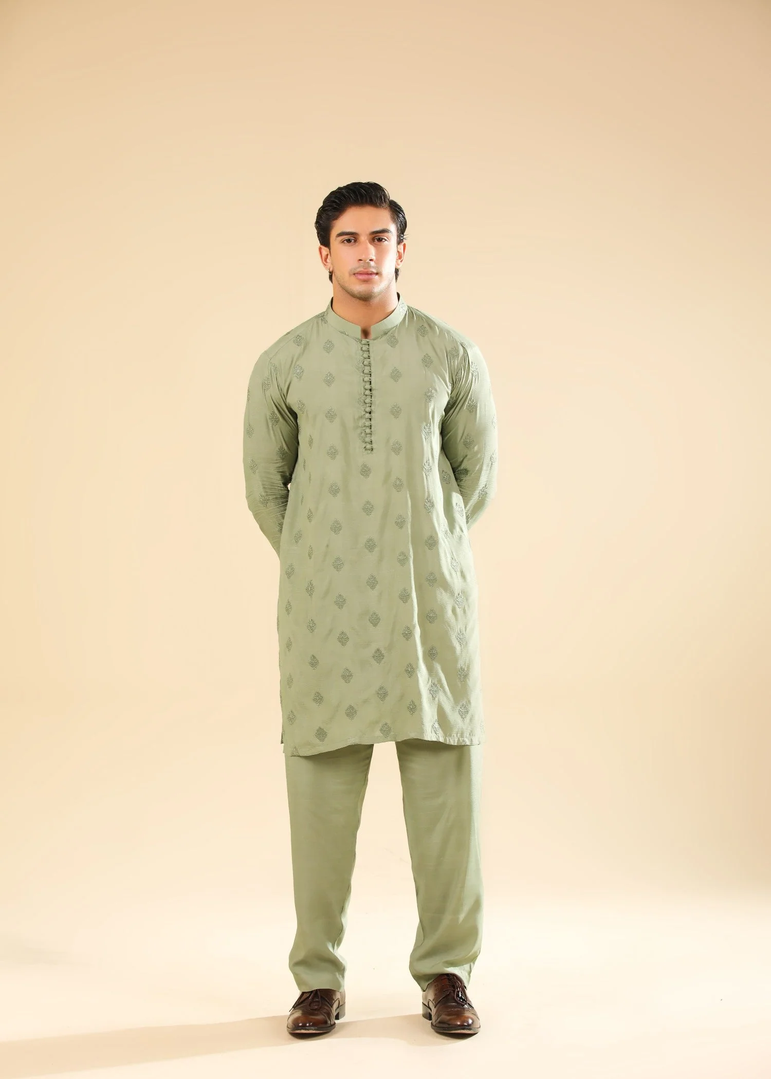 Bahaar - Green Raw Silk Embroidered Kurta Trouser - Men