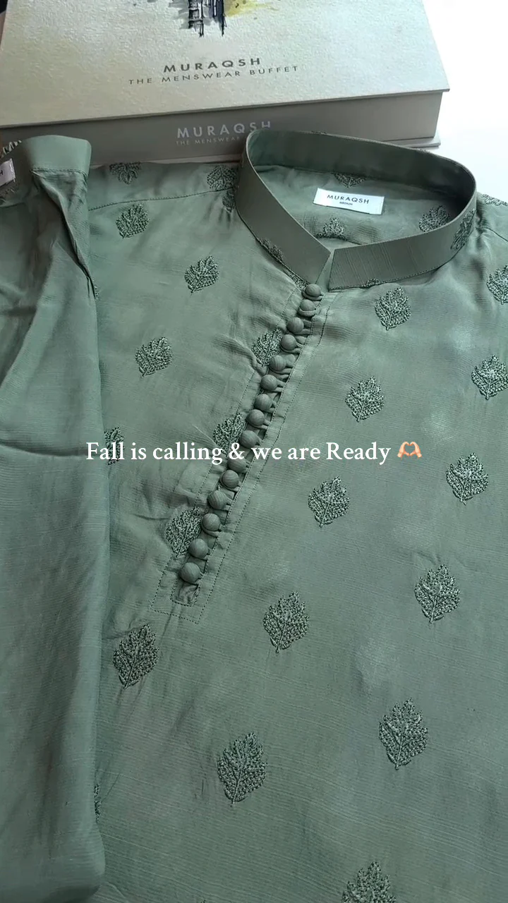 Bahaar - Green Raw Silk Embroidered Kurta Trouser - Men