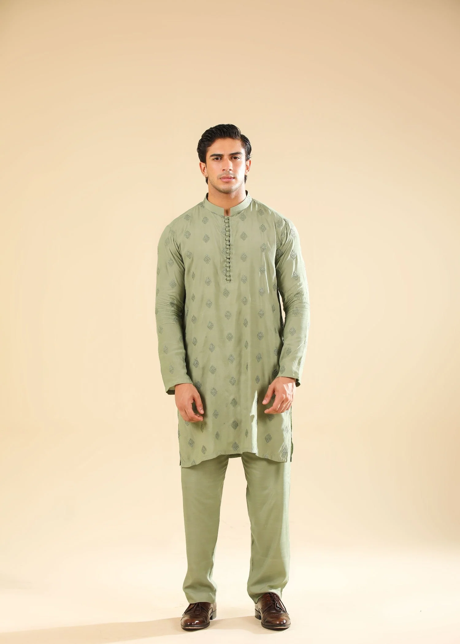 Bahaar - Green Raw Silk Embroidered Kurta Trouser - Men