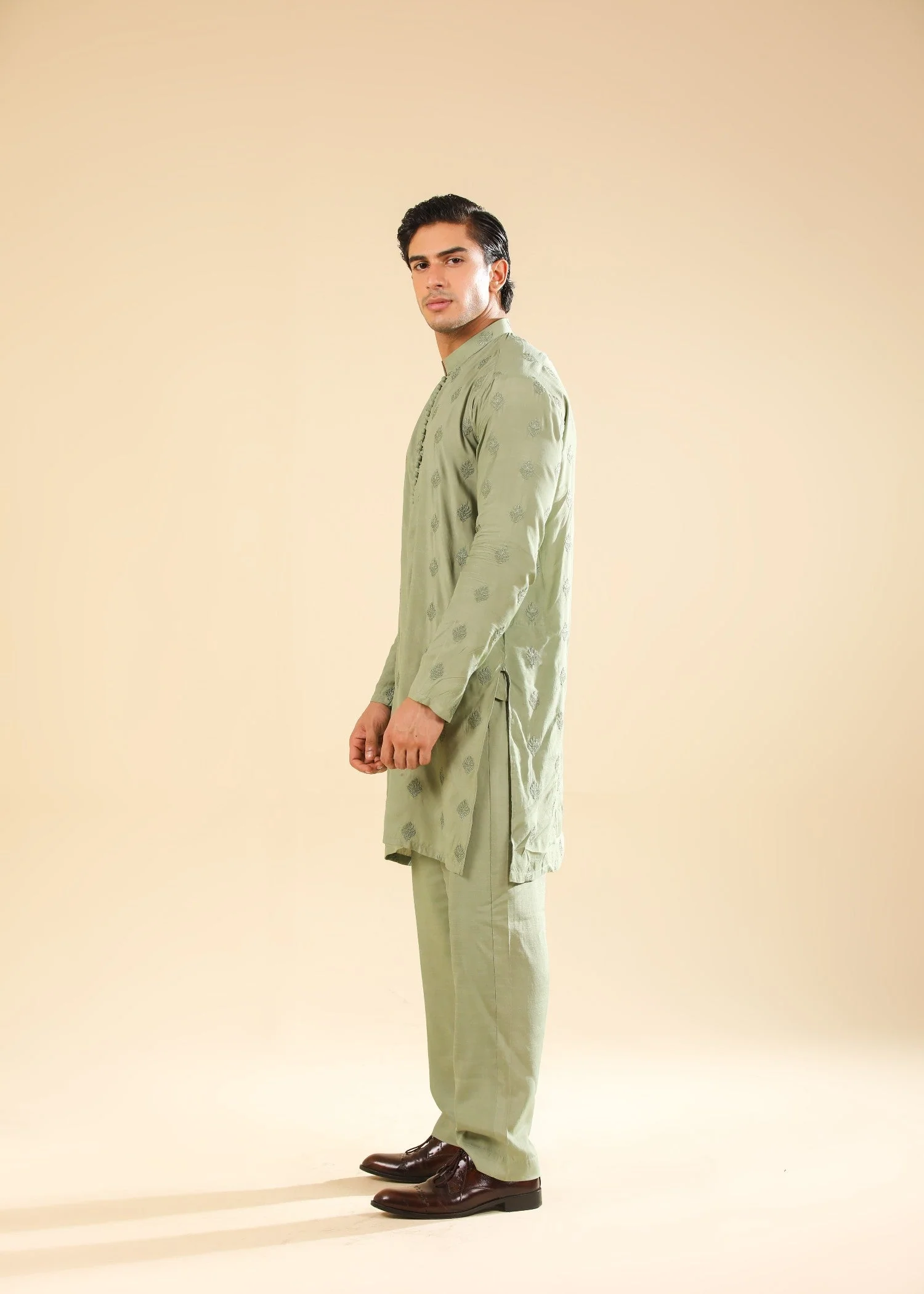 Bahaar - Green Raw Silk Embroidered Kurta Trouser - Men