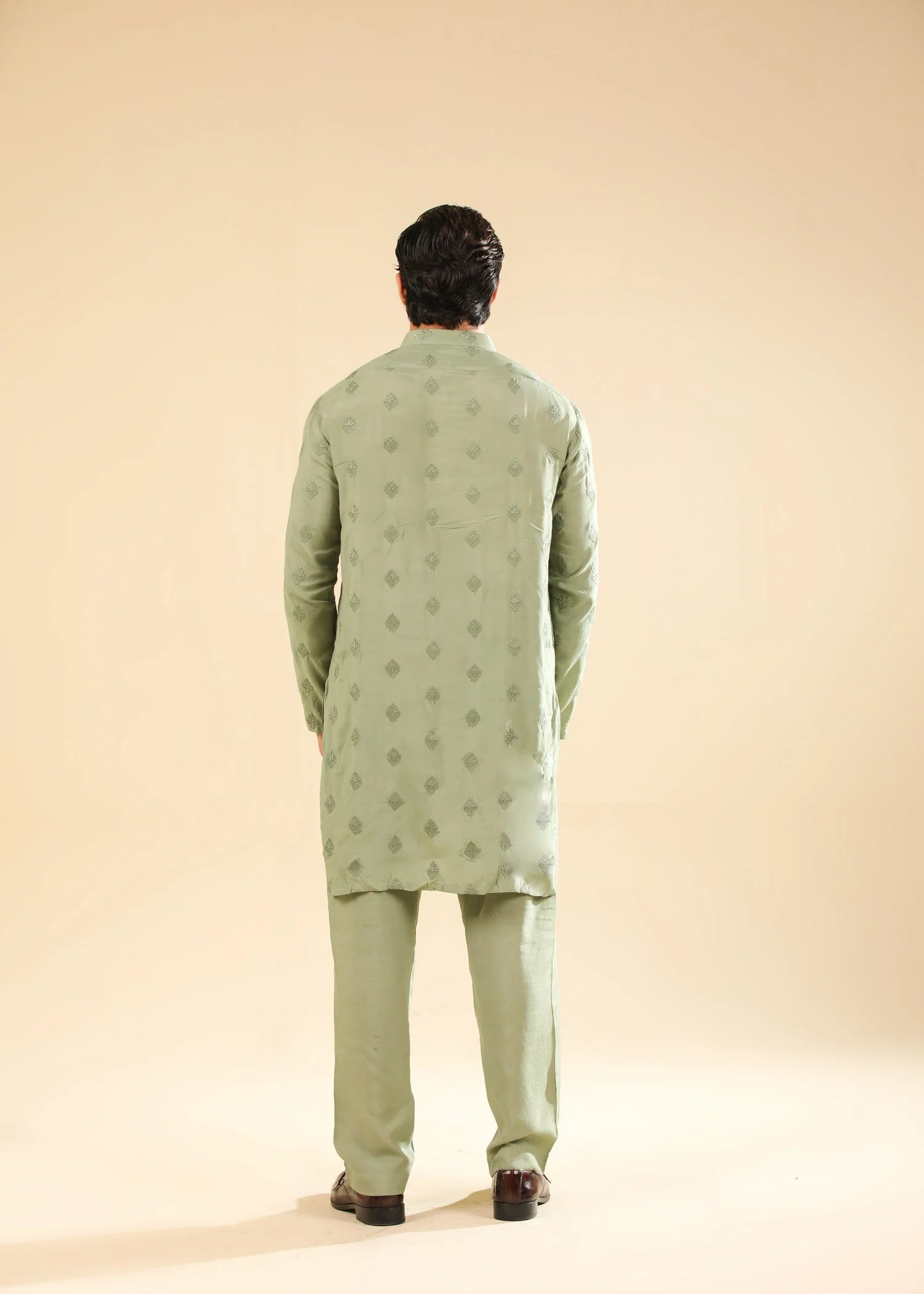Bahaar - Green Raw Silk Embroidered Kurta Trouser - Men