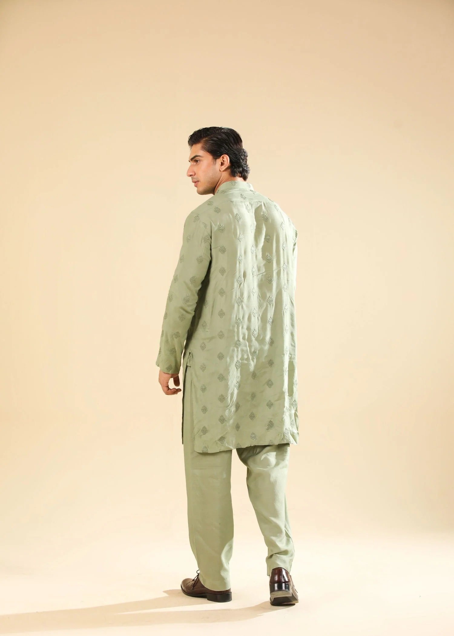 Bahaar - Green Raw Silk Embroidered Kurta Trouser - Men