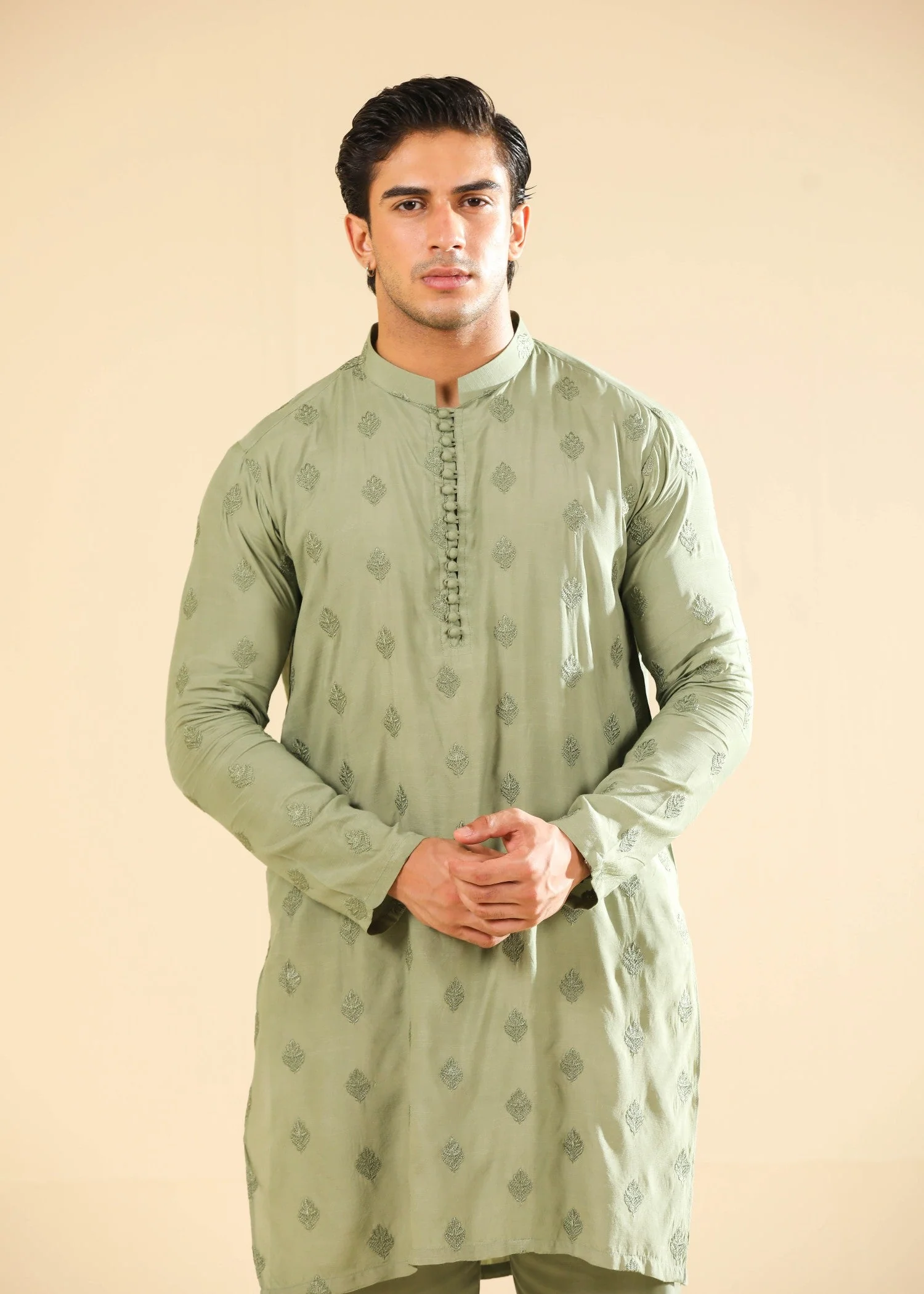 Bahaar - Green Raw Silk Embroidered Kurta Trouser - Men