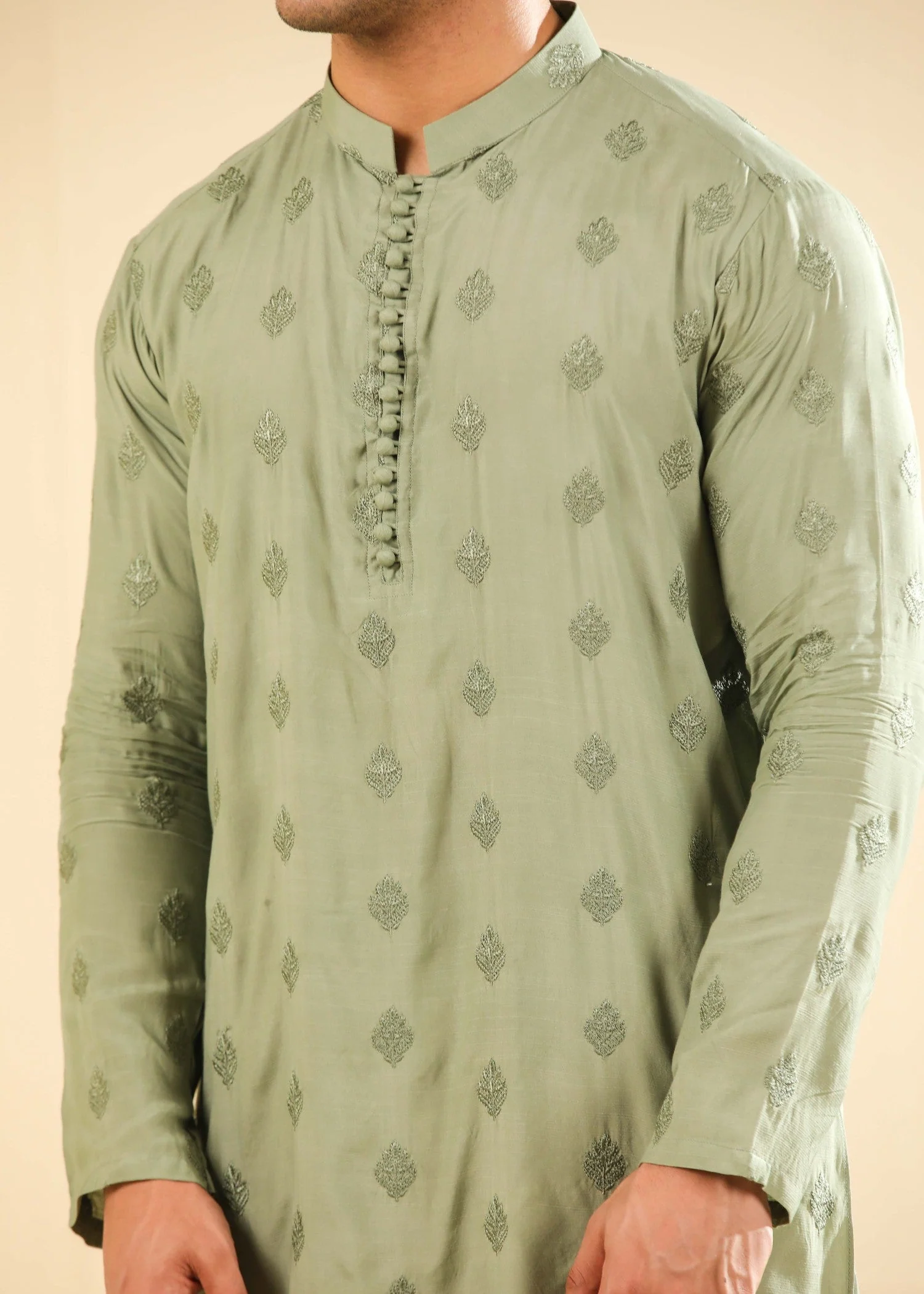 Bahaar - Green Raw Silk Embroidered Kurta Trouser - Men