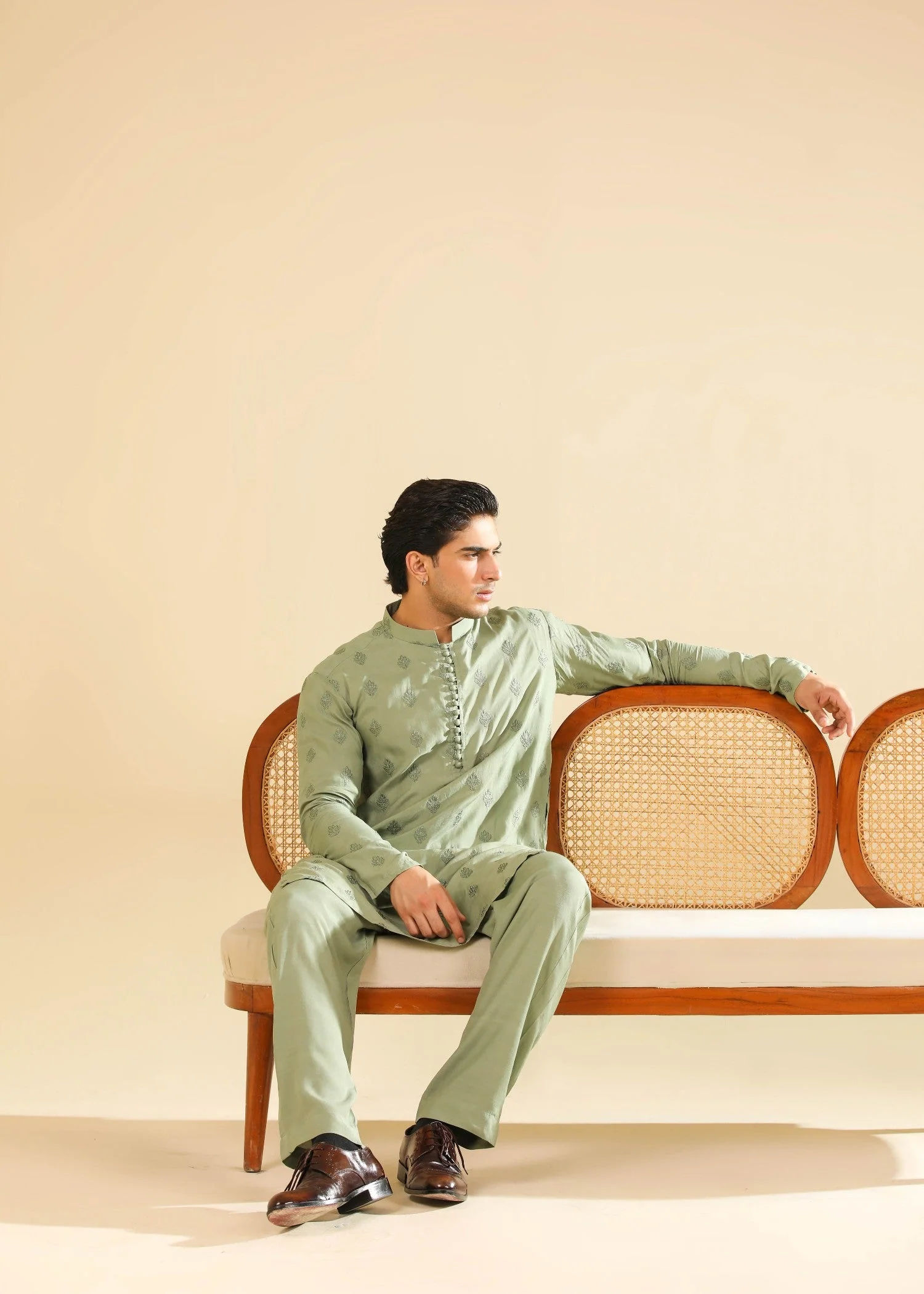 Bahaar - Green Raw Silk Embroidered Kurta Trouser - Men