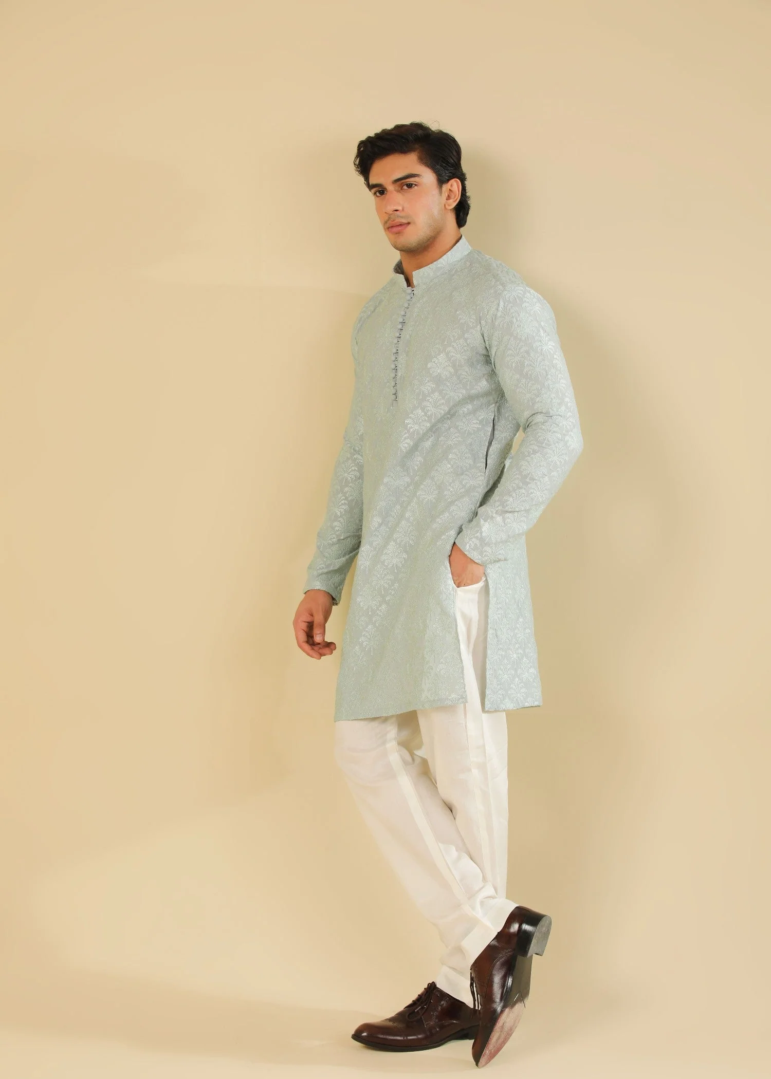 Abroo - Ice Blue Raw Silk Embroidered Kurta Trouser - Men