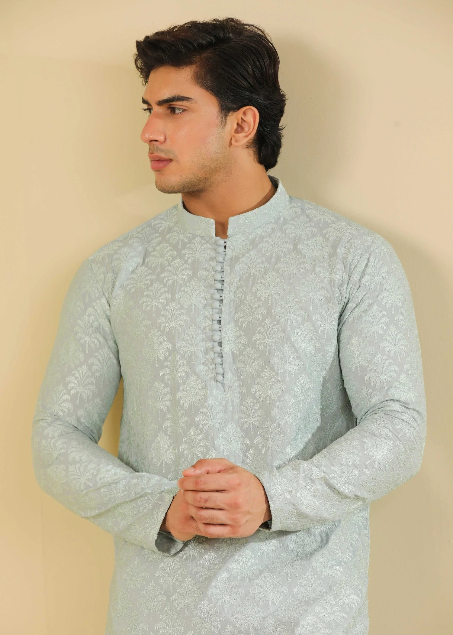 Abroo - Ice Blue Raw Silk Embroidered Kurta Trouser - Men