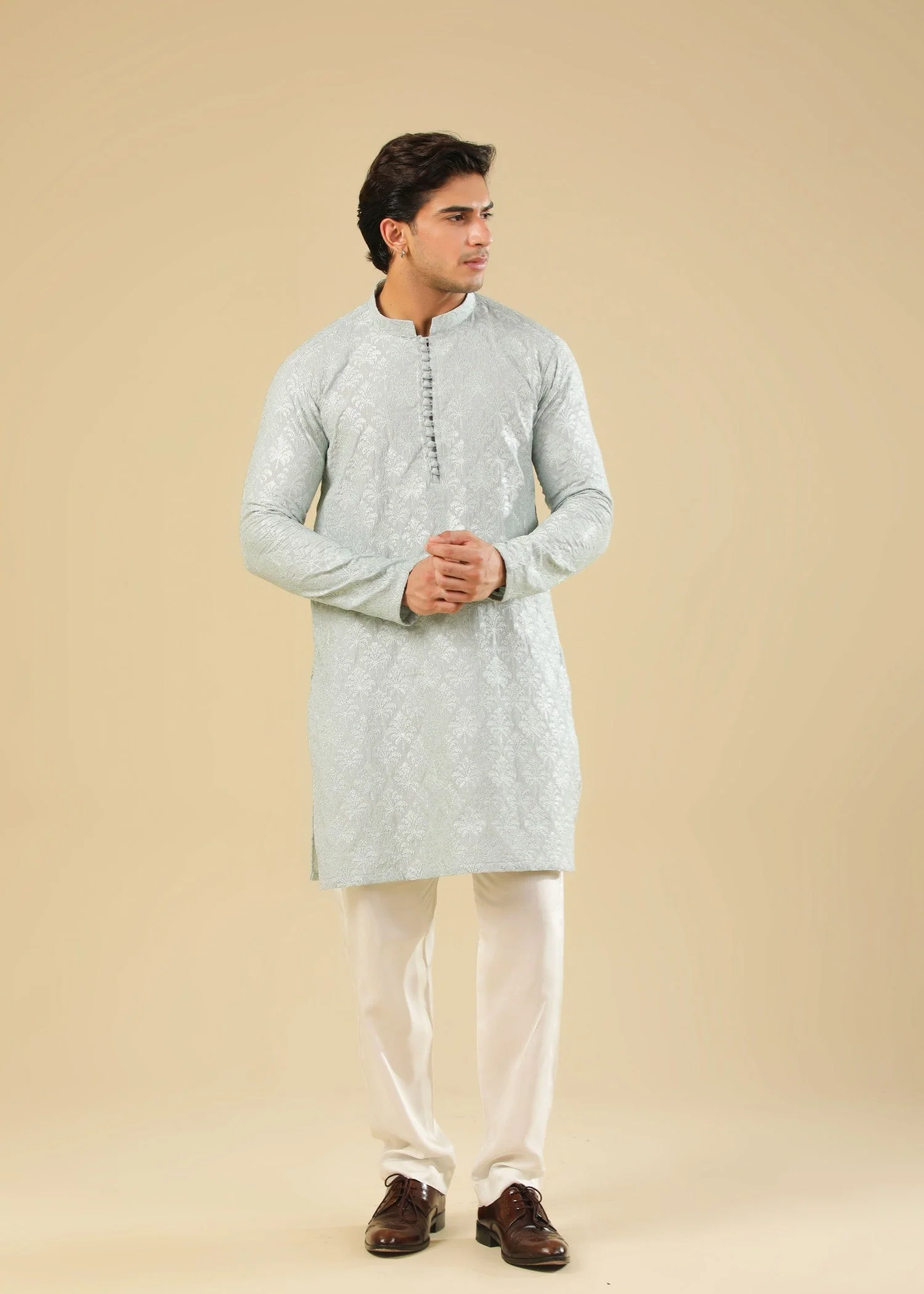 Abroo - Ice Blue Raw Silk Embroidered Kurta Trouser - Men
