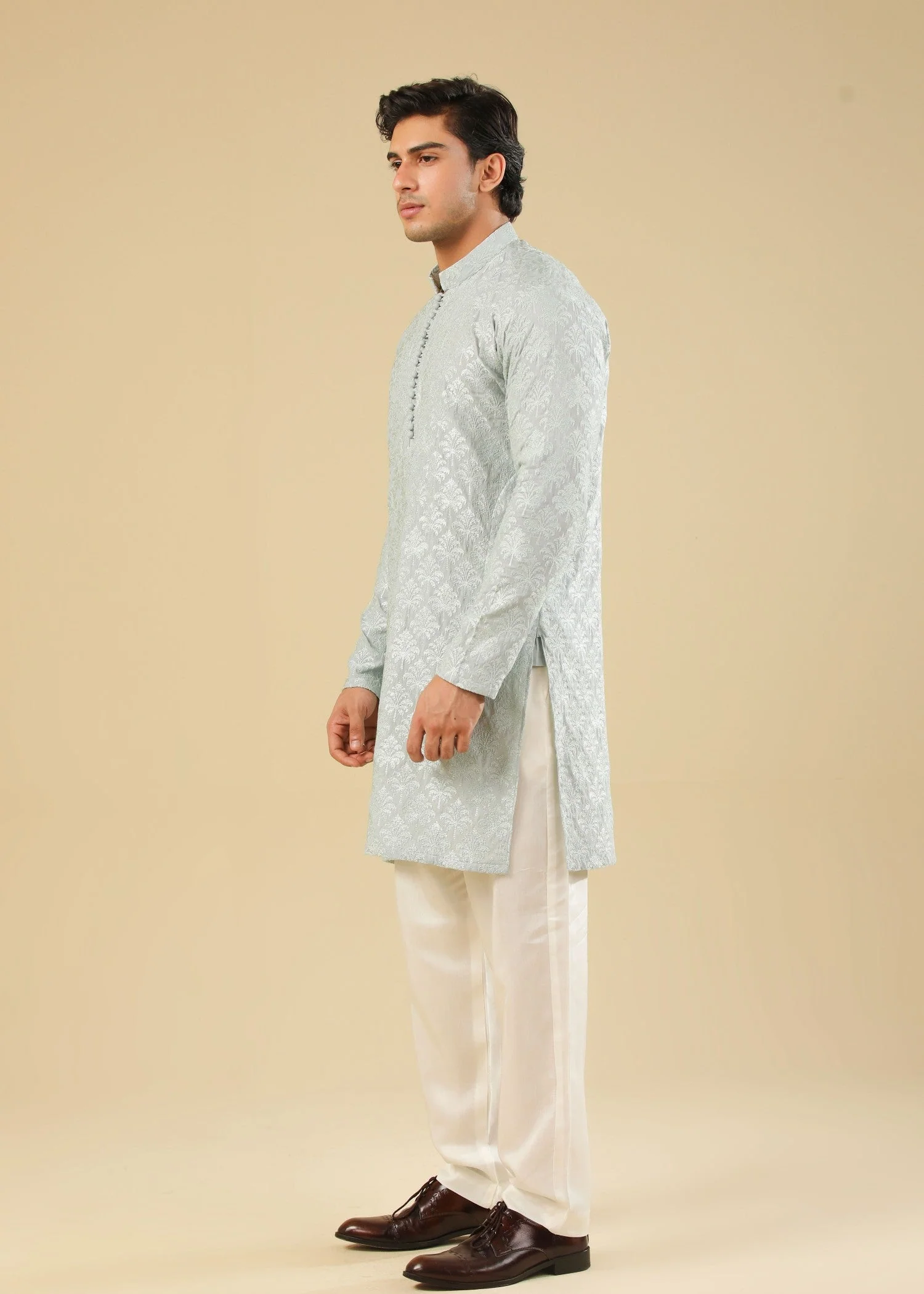 Abroo - Ice Blue Raw Silk Embroidered Kurta Trouser - Men