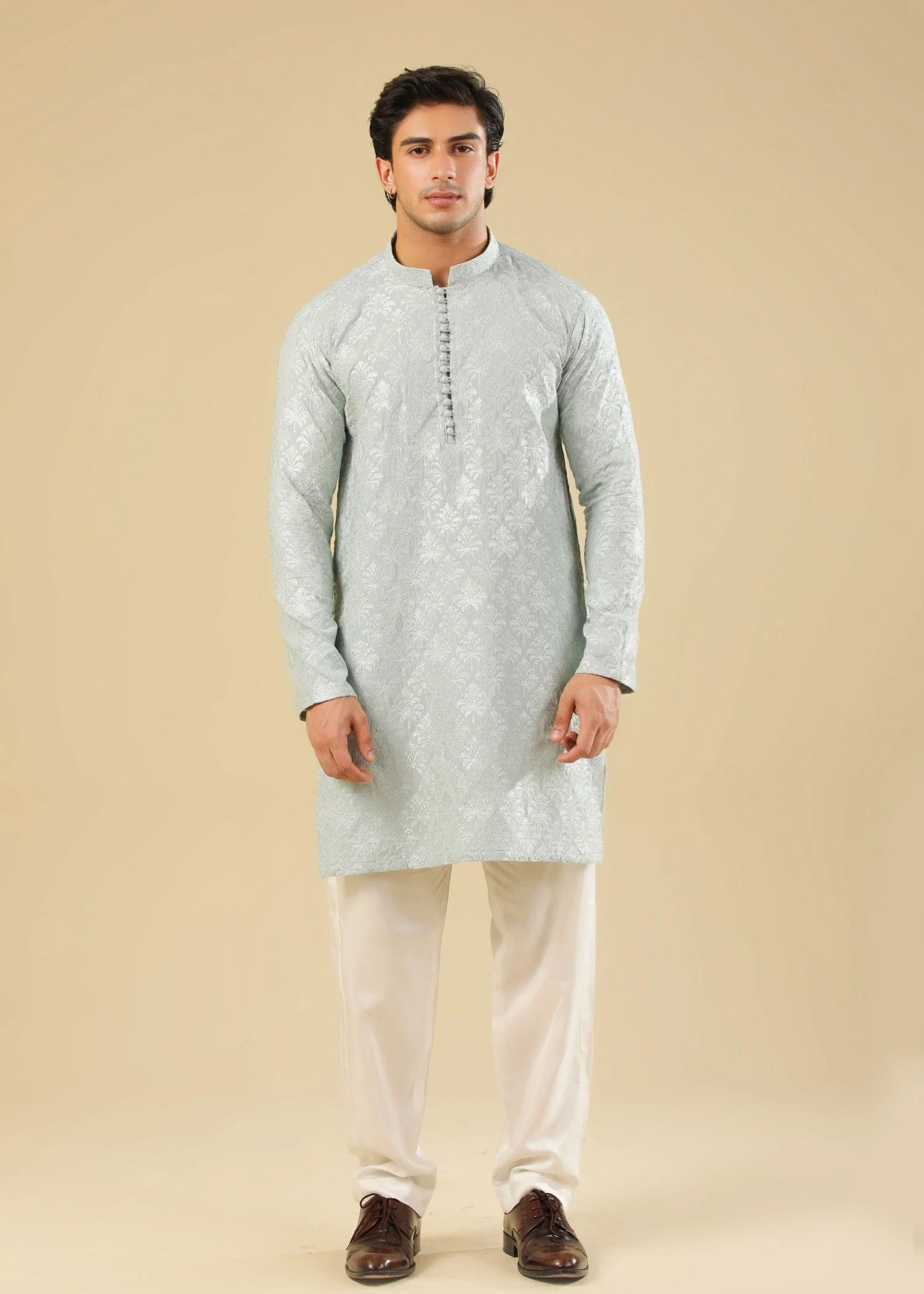 Abroo - Ice Blue Raw Silk Embroidered Kurta Trouser - Men