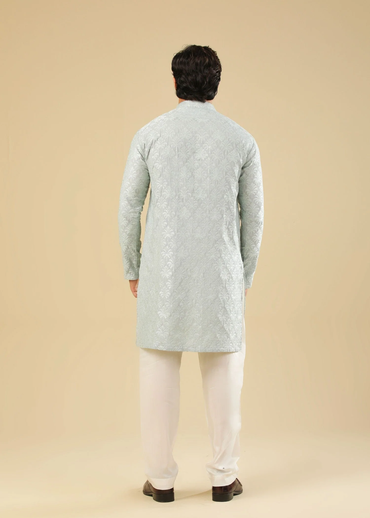 Abroo - Ice Blue Raw Silk Embroidered Kurta Trouser - Men