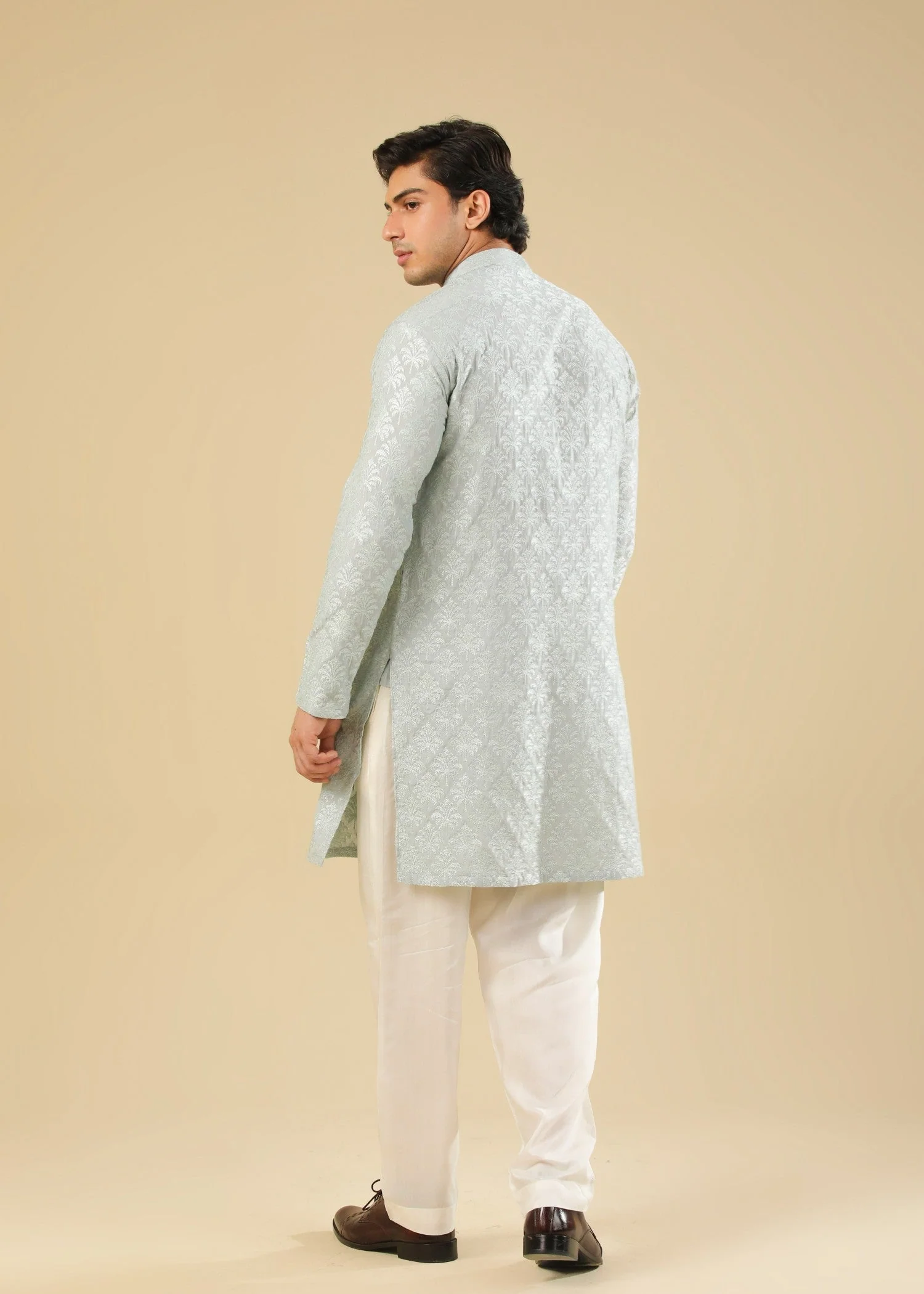 Abroo - Ice Blue Raw Silk Embroidered Kurta Trouser - Men