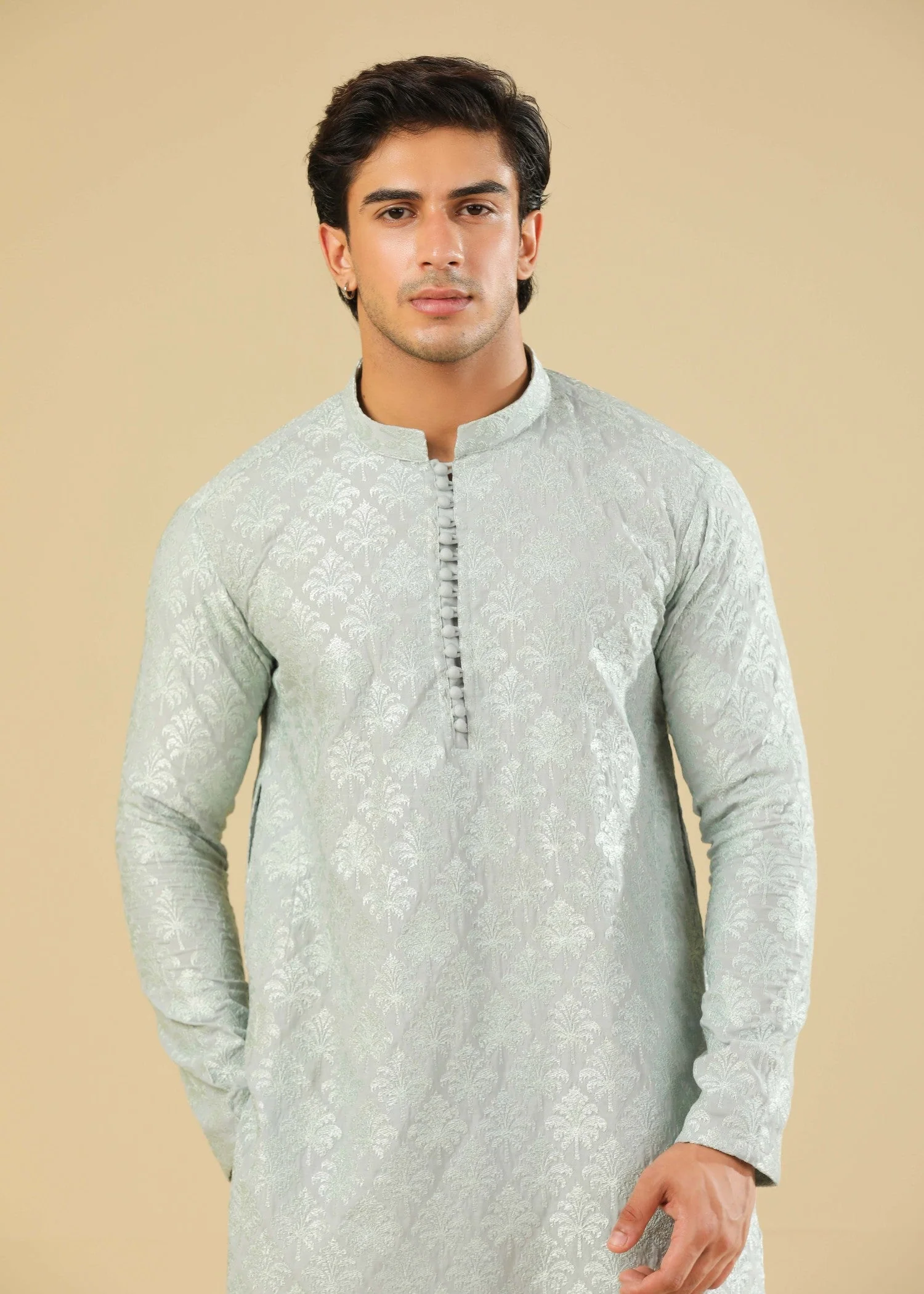 Abroo - Ice Blue Raw Silk Embroidered Kurta Trouser - Men