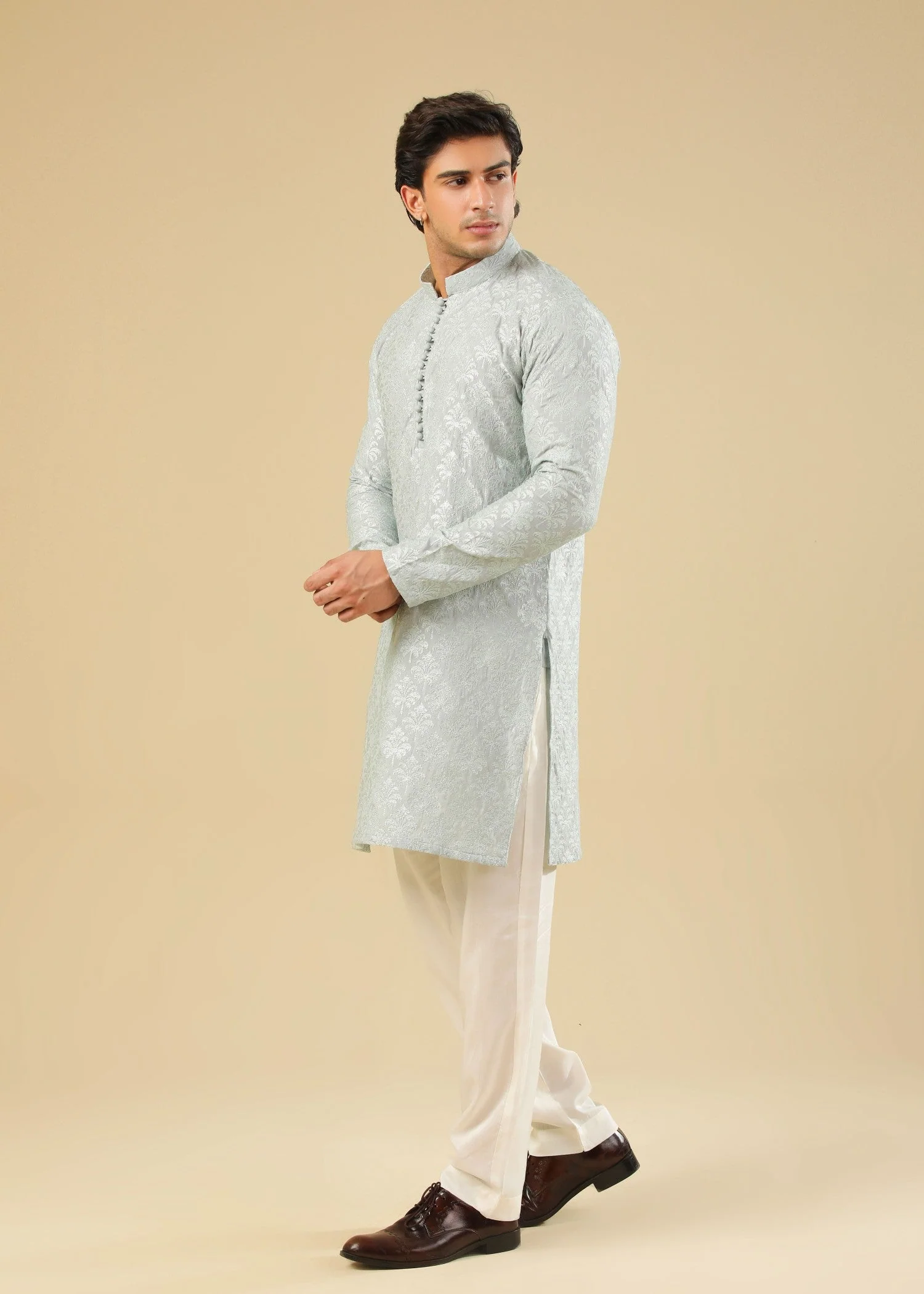 Abroo - Ice Blue Raw Silk Embroidered Kurta Trouser - Men