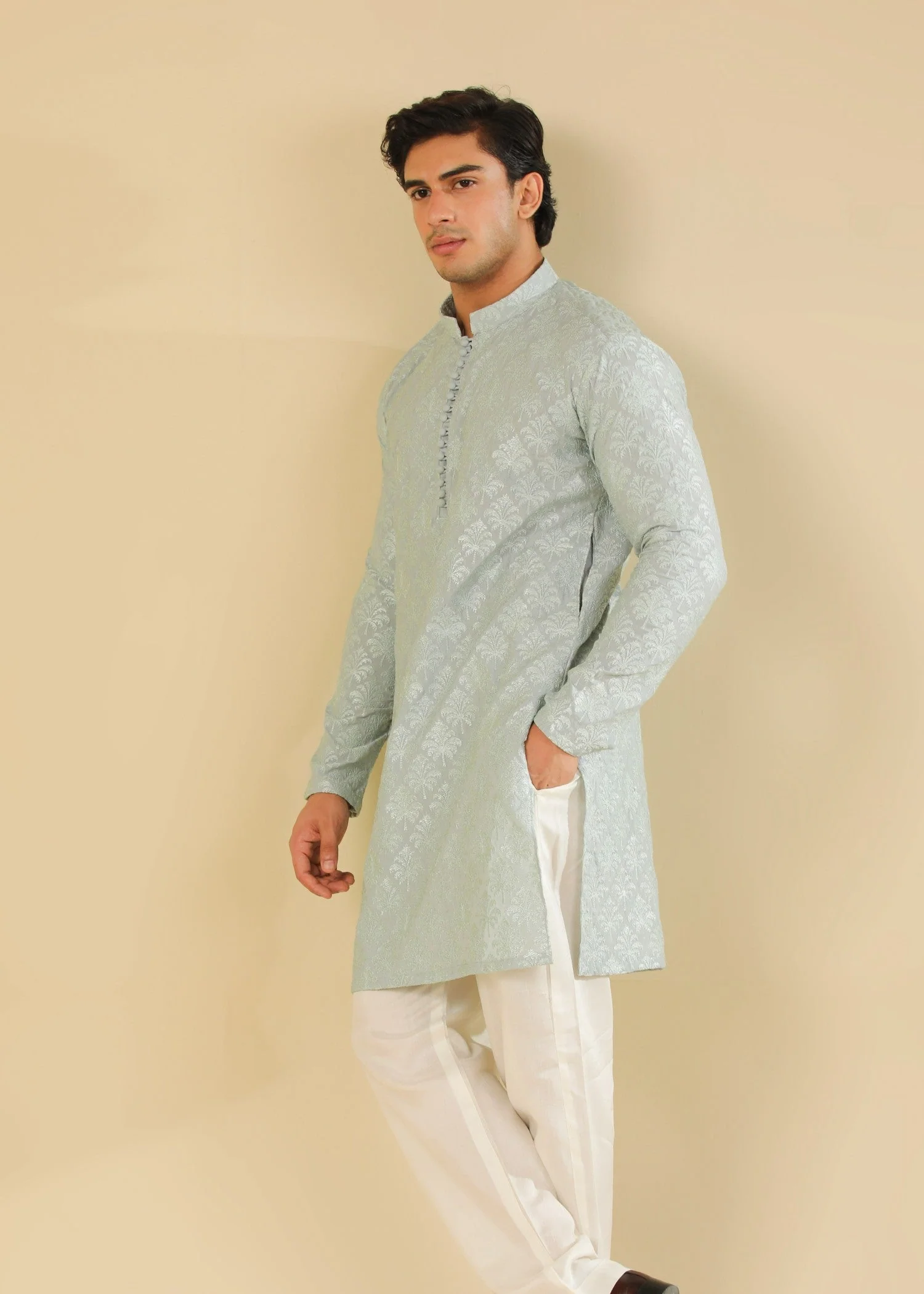 Abroo - Ice Blue Raw Silk Embroidered Kurta Trouser - Men
