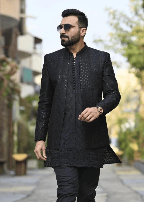 Black Embroidered Front Open Princecoat For Wedding