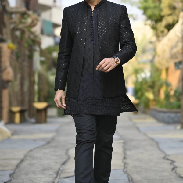 Black Embroidered Front Open Princecoat For Wedding
