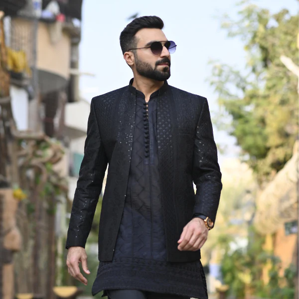 Black Embroidered Front Open Princecoat For Wedding 3 Black Embroidered Front Open Princecoat For Wedding