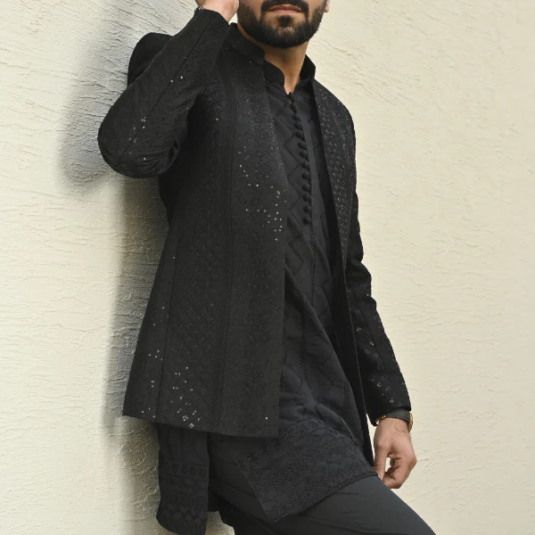 Black Embroidered Front Open Princecoat For Wedding 4 Black Embroidered Front Open Princecoat For Wedding