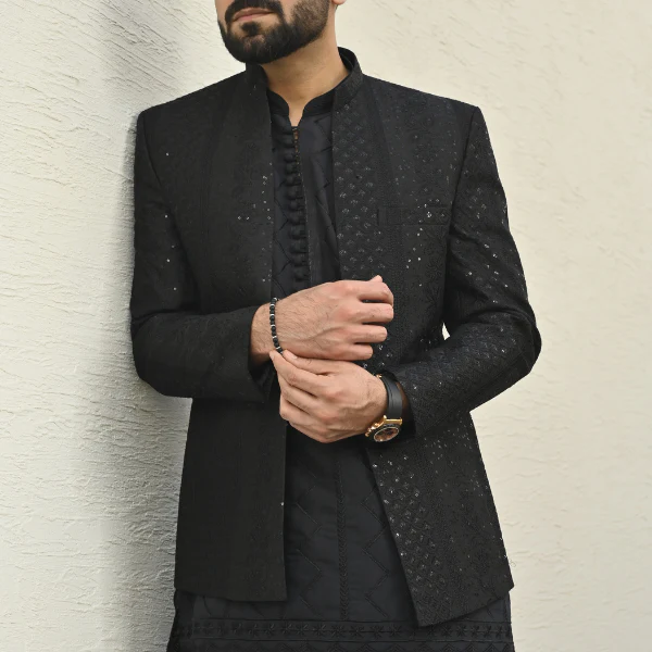 Black Embroidered Front Open Princecoat For Wedding 5 Black Embroidered Front Open Princecoat For Wedding