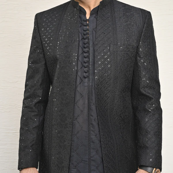 Black Embroidered Front Open Princecoat For Wedding 6 Black Embroidered Front Open Princecoat For Wedding
