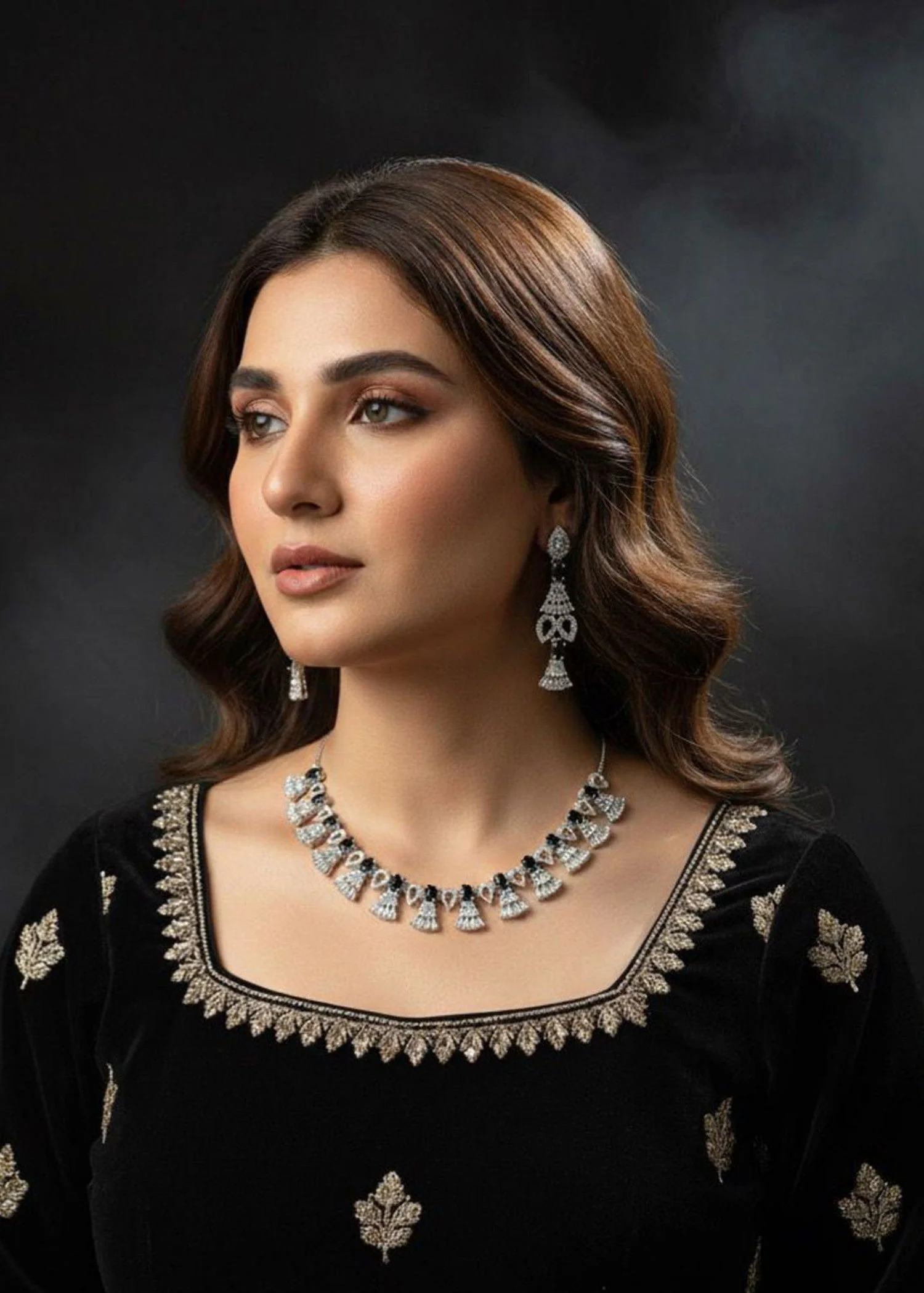 Baguette Fringe Tassel Necklace Set-Silver Black