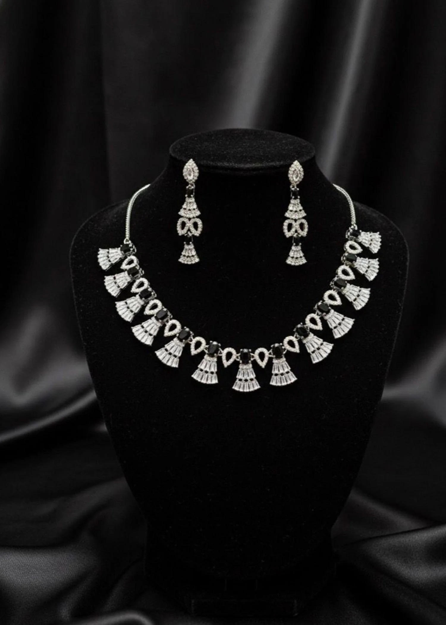 Baguette Fringe Tassel Necklace Set-Silver Black